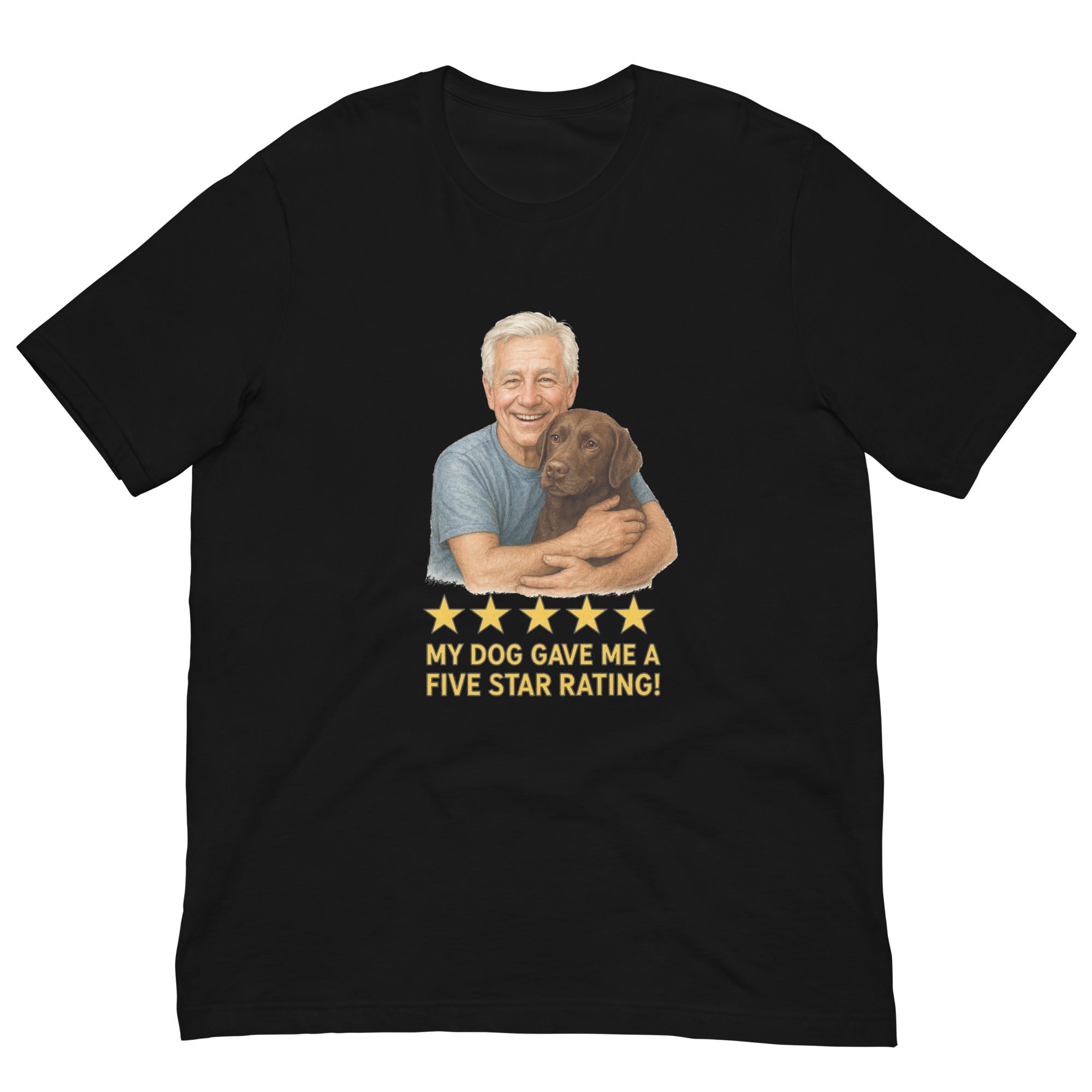 White Hair Man with Chocolate Labrador graphic tee.