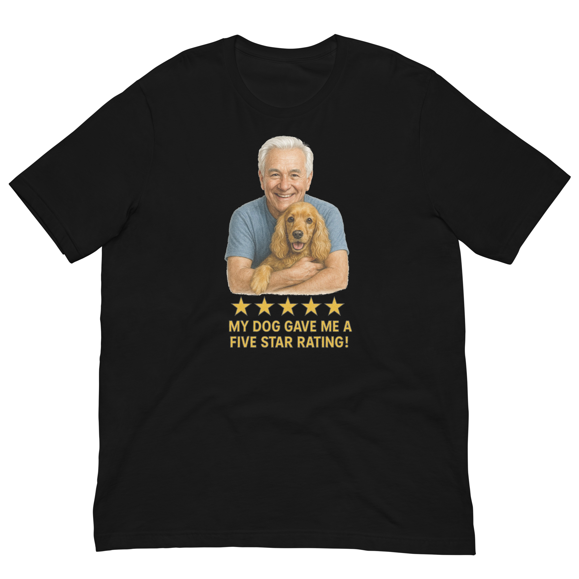 White Hair Man with Cocker Spaniel graphic tee.