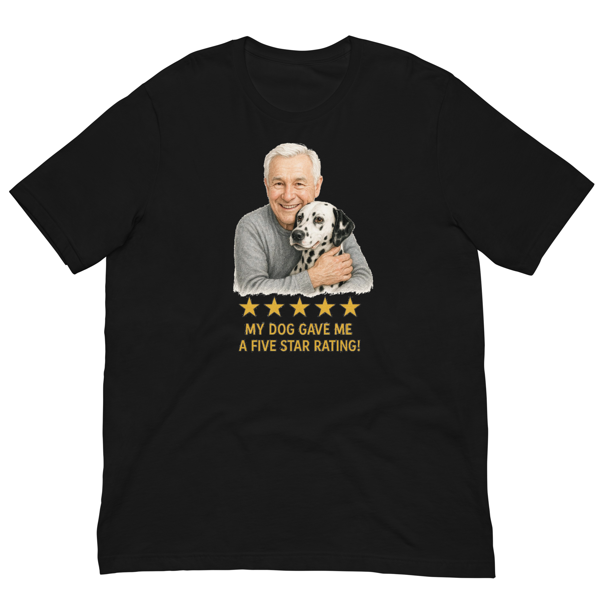 White Hair Man with Dalmatian graphic tee.