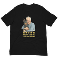 White Hair Man with Doberman Pinscher graphic tee.