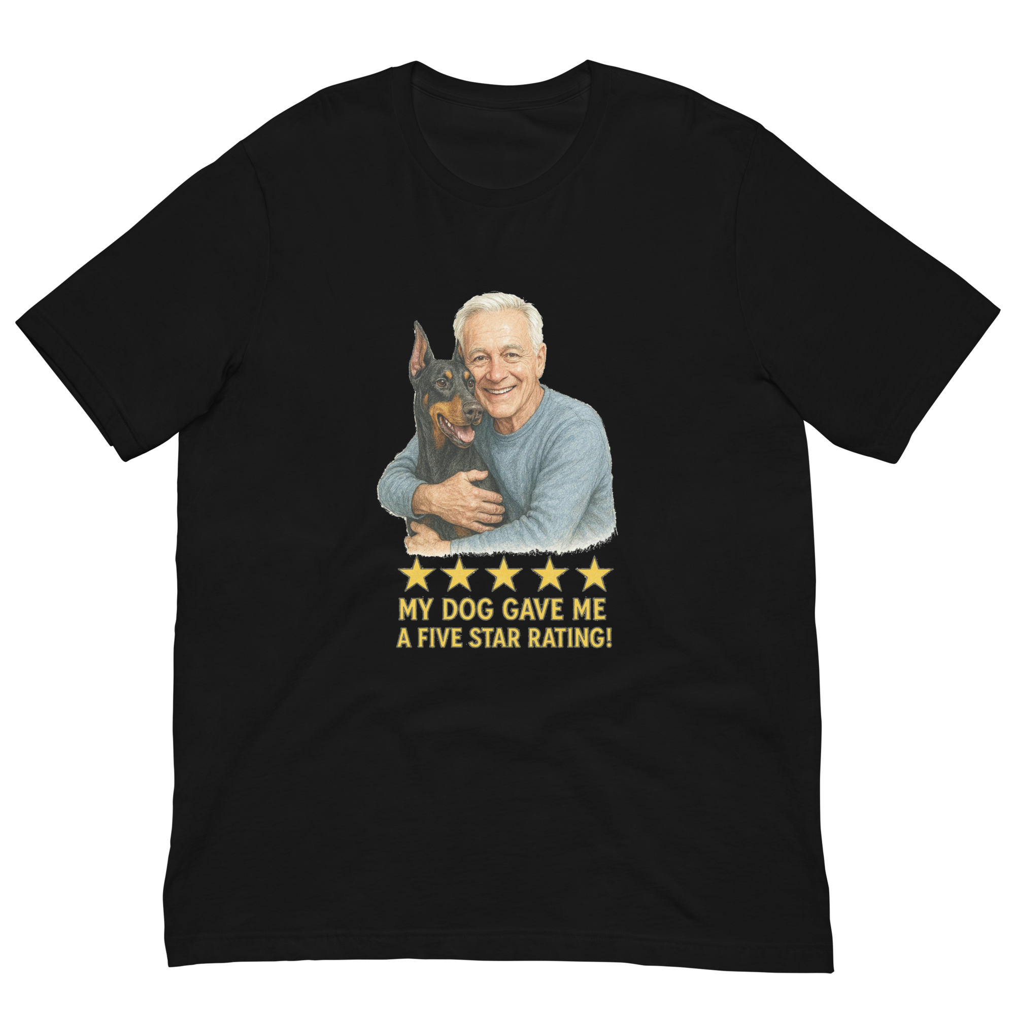 White Hair Man with Doberman Pinscher graphic tee.