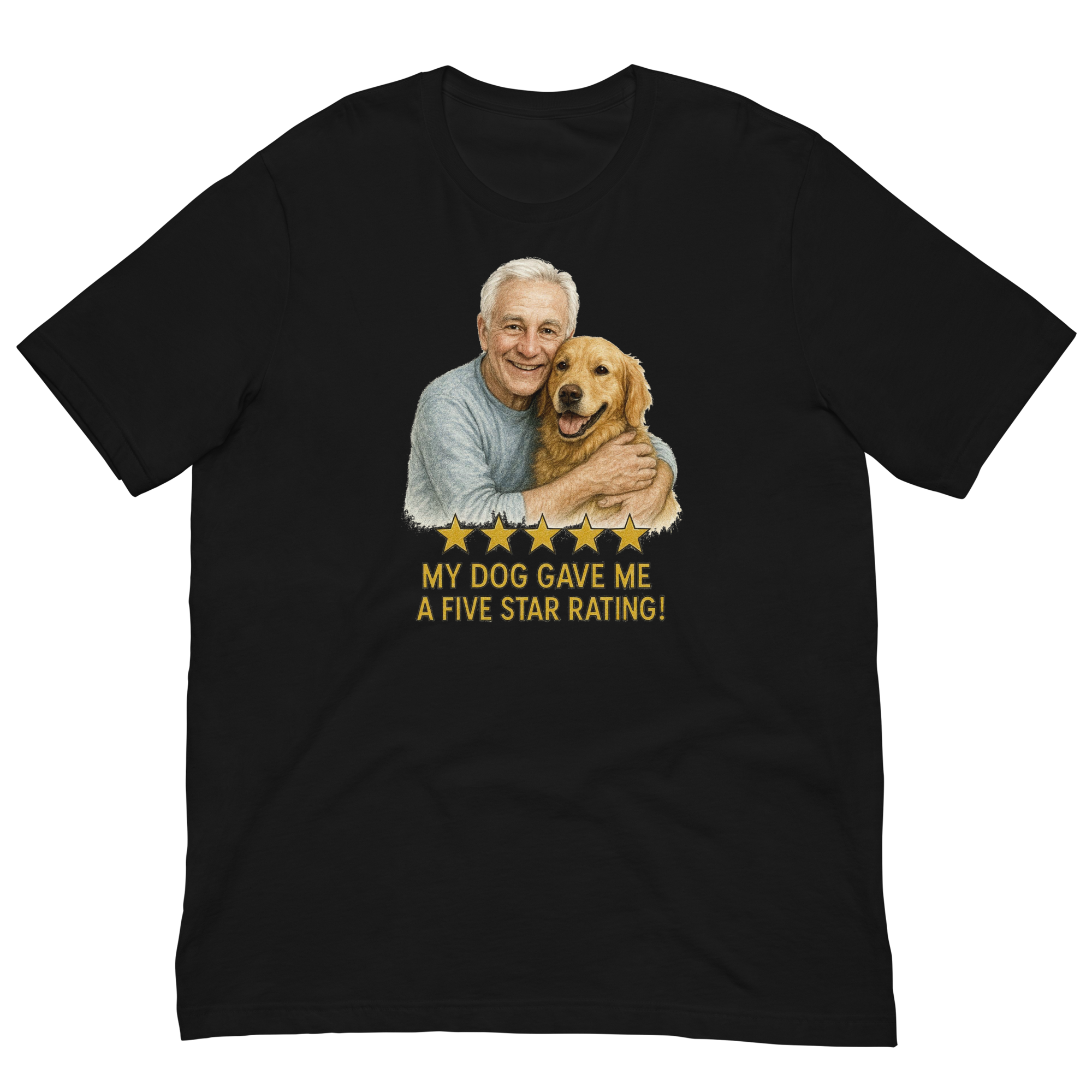 White Hair Man with Golden Retriever graphic tee.