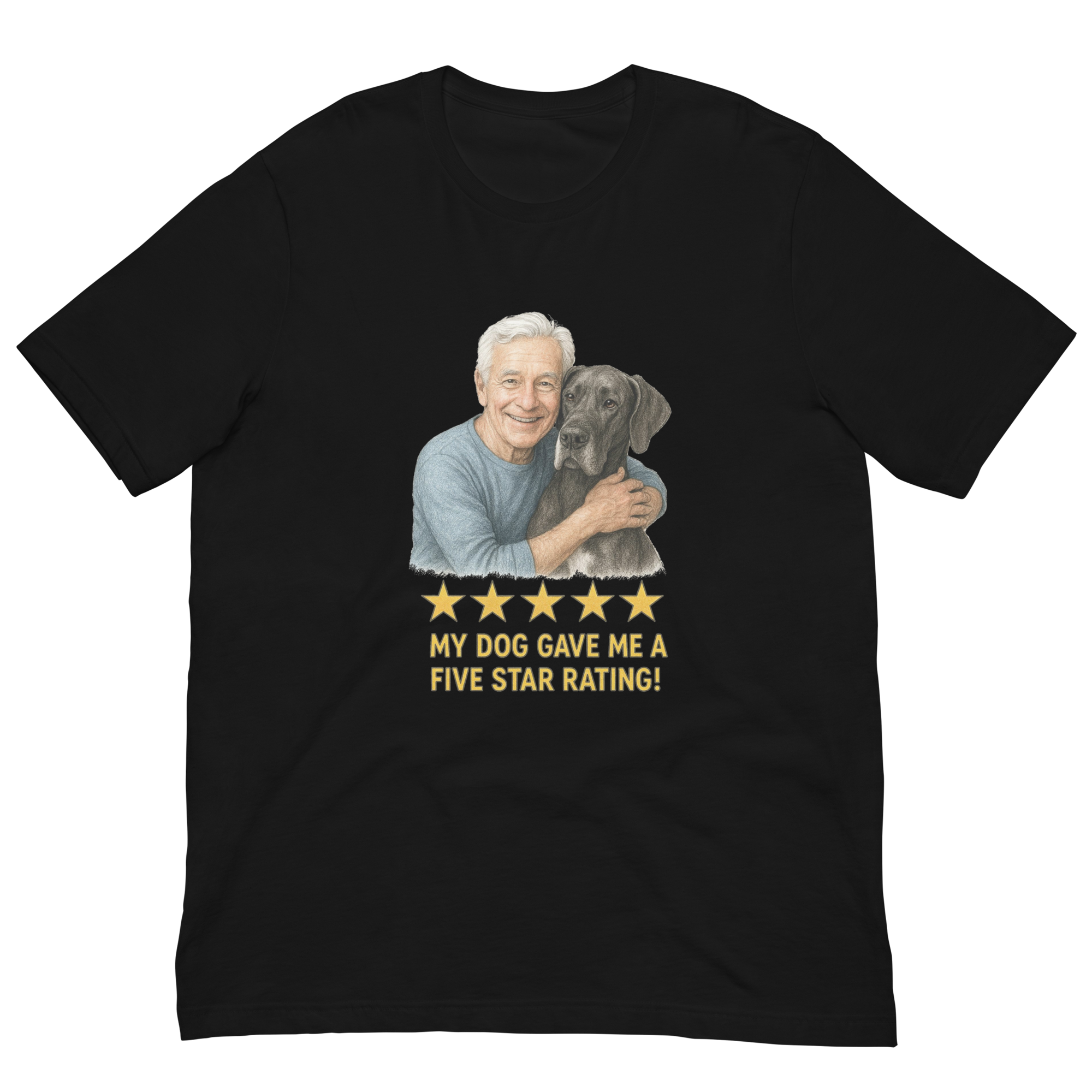 White Hair Man with Great Dane graphic tee.