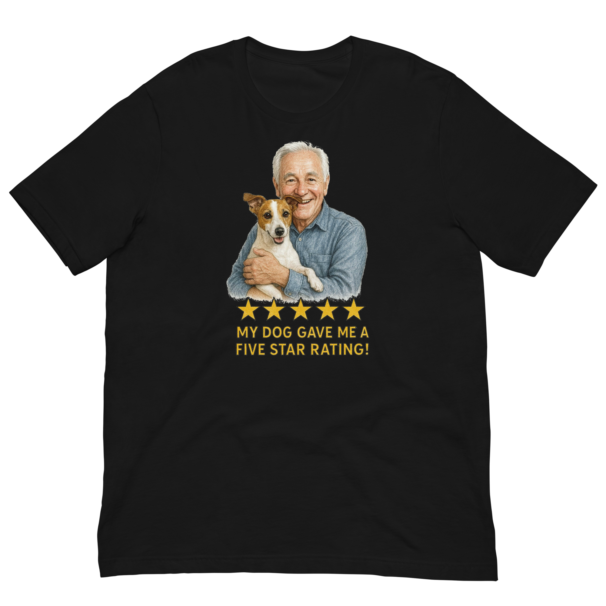 White Hair Man with Jack Russell Terrier graphic tee.