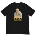 White Hair Man with Komondor graphic tee.