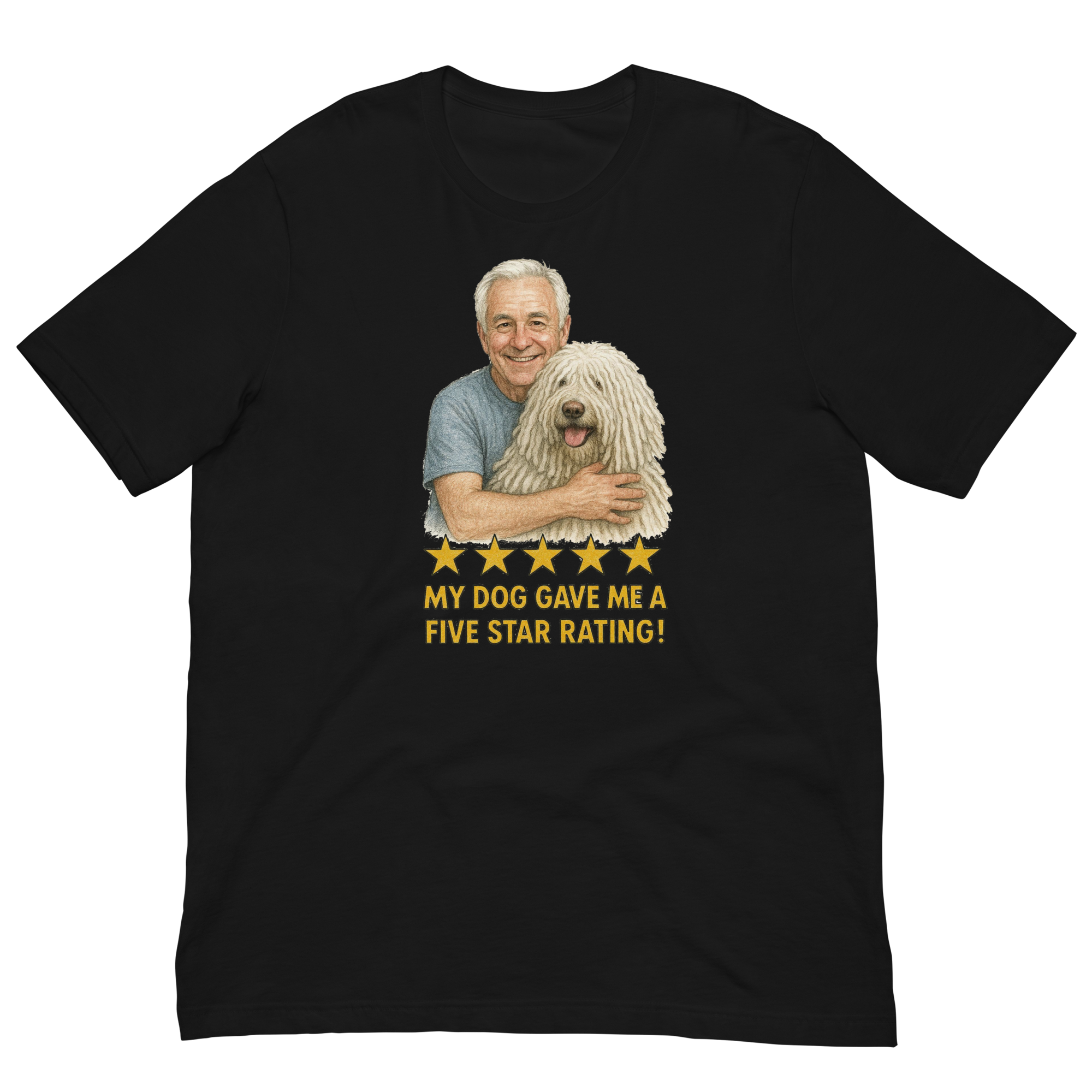 White Hair Man with Komondor graphic tee.