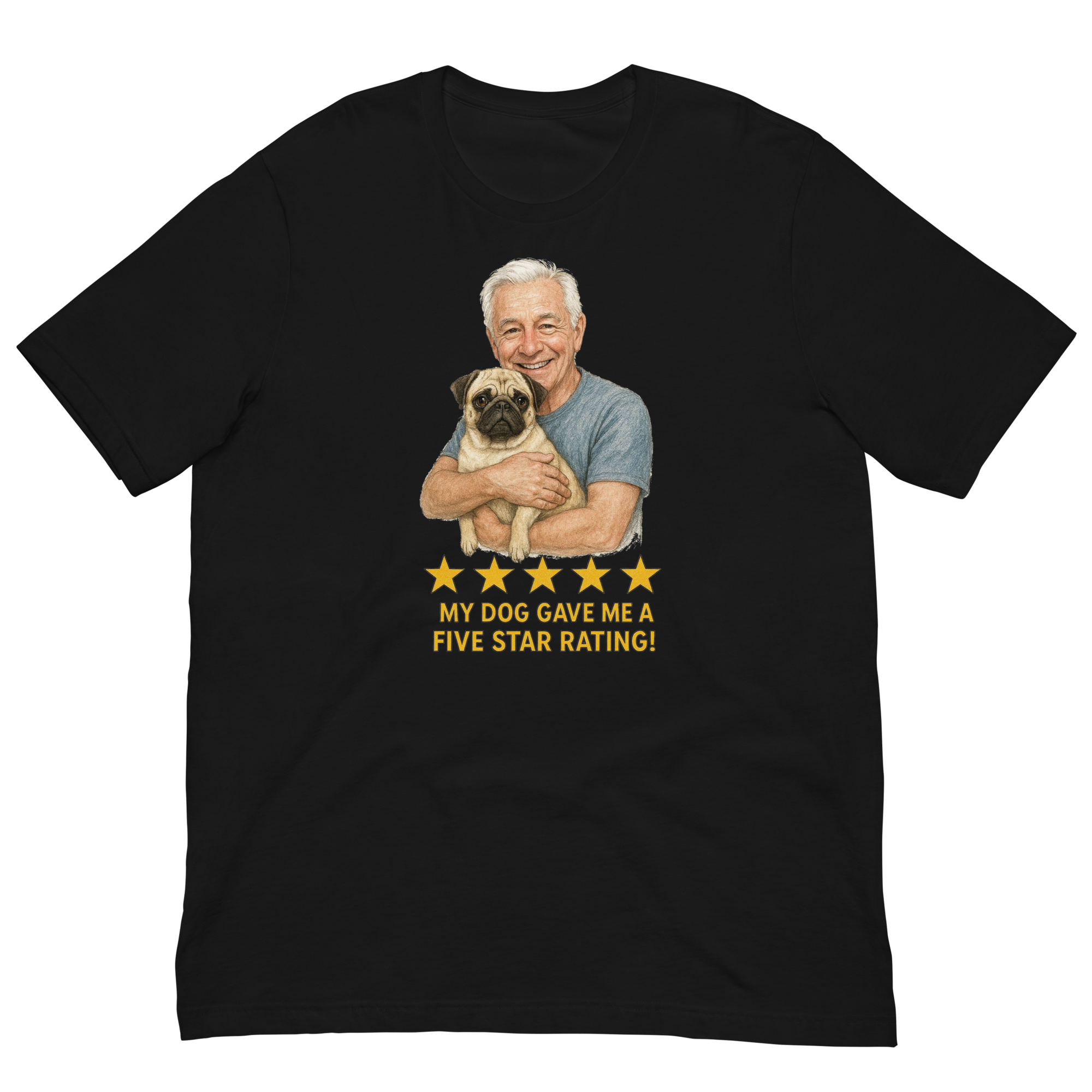 White Hair Man with Pug graphic tee.