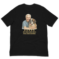 White Hair Man with Saint Bernard graphic tee.
