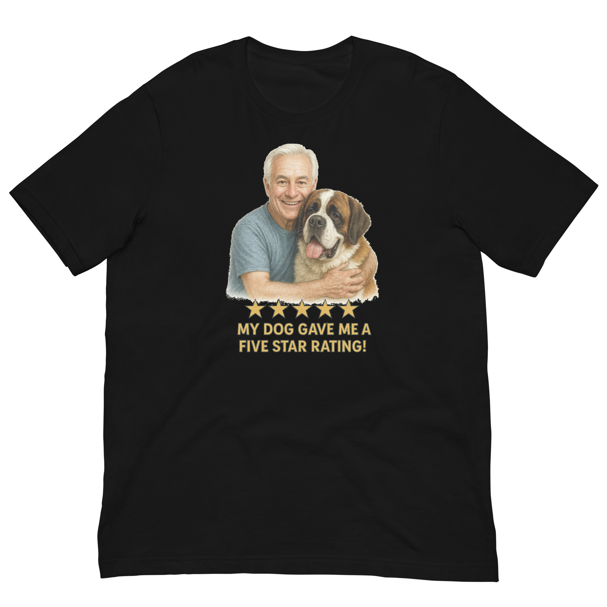 White Hair Man with Saint Bernard graphic tee.