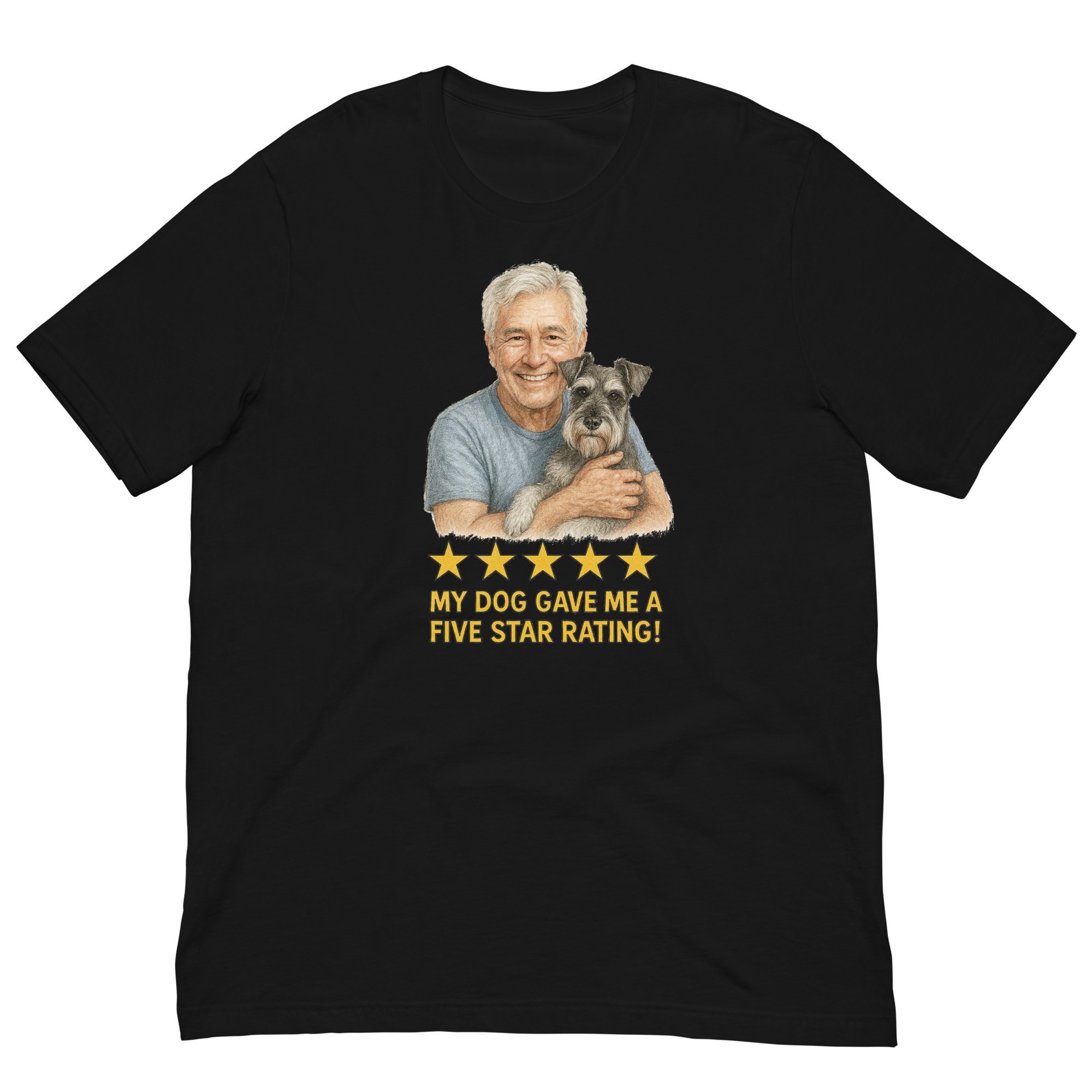White Hair Man with Schnauzer graphic tee.