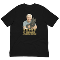White Hair Man with Scottie graphic tee.