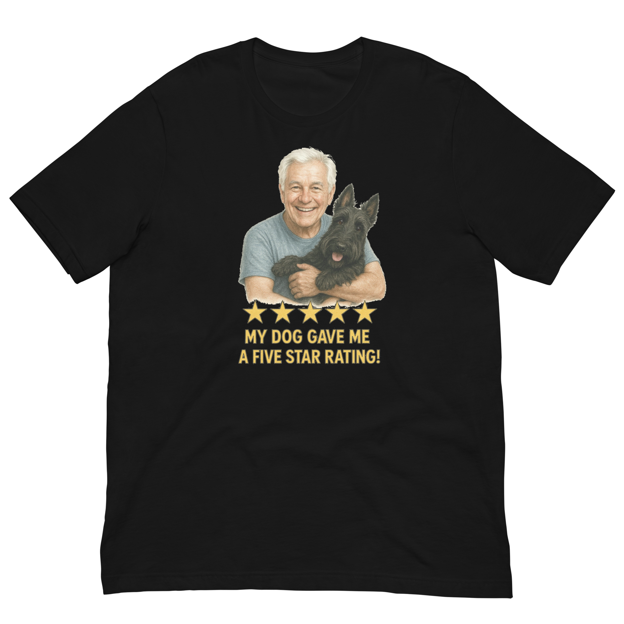 White Hair Man with Scottie graphic tee.