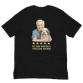 White Hair Man with Sheepdog graphic tee.