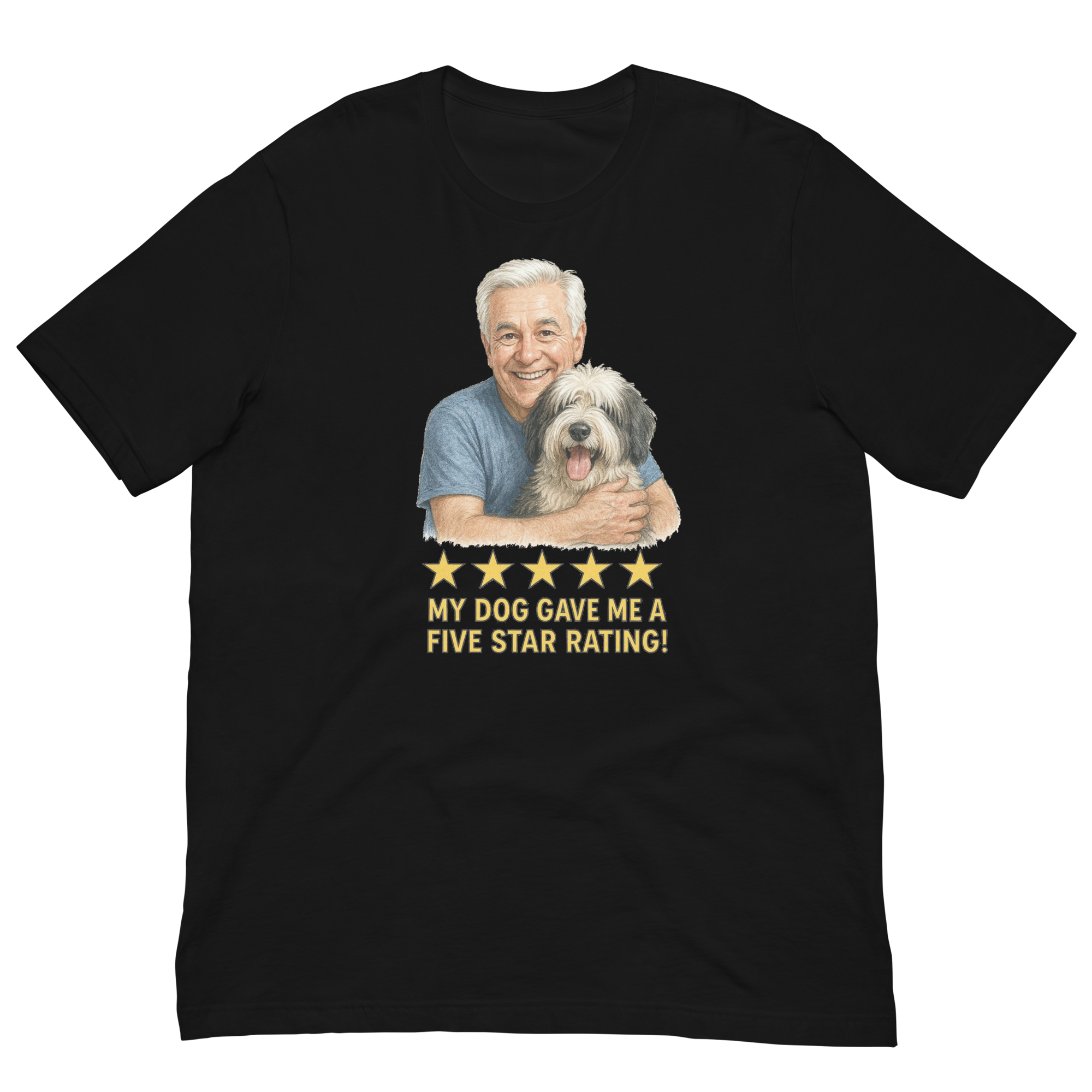 White Hair Man with Sheepdog graphic tee.