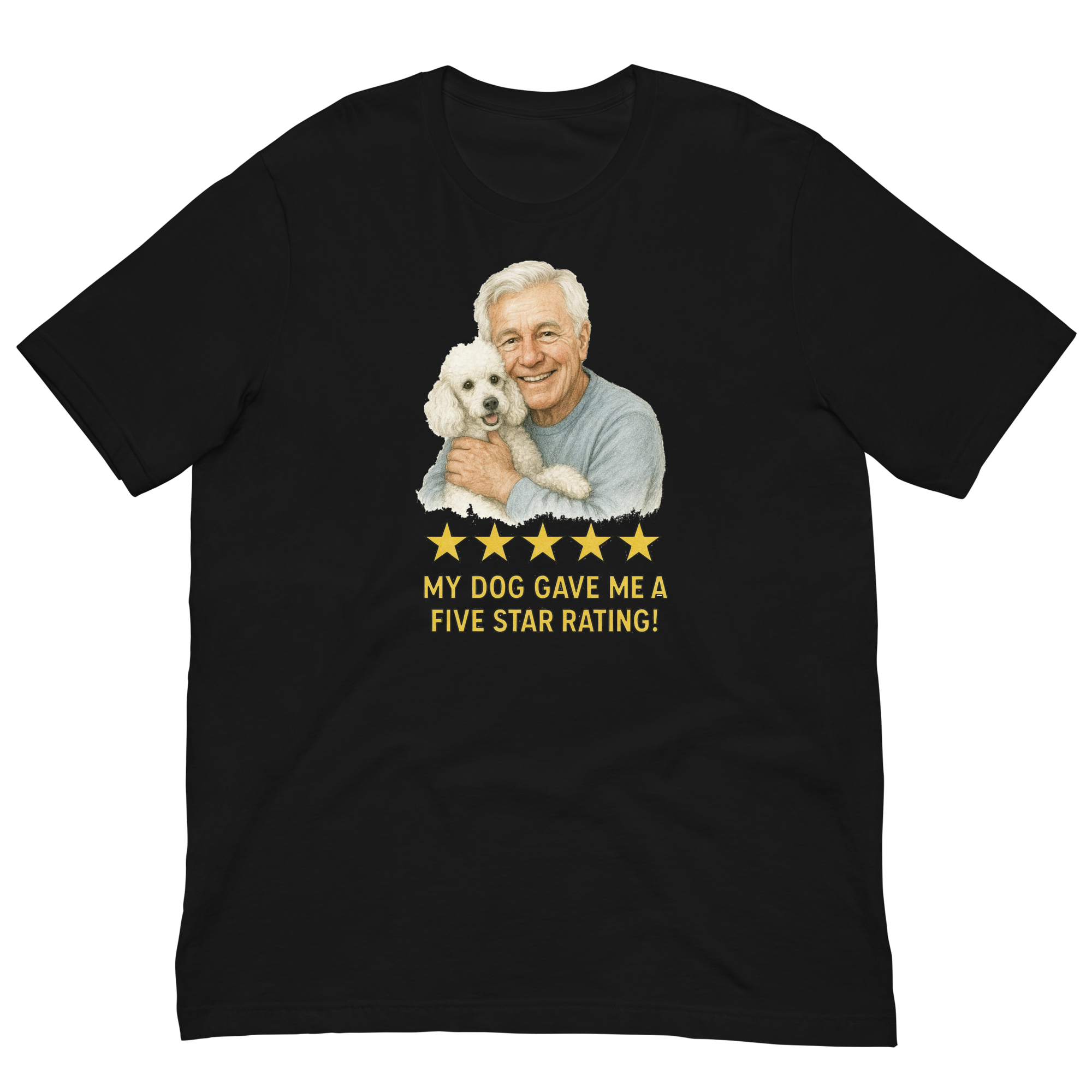 White Hair Man with White Poodle graphic tee.