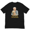 White Hair Man with Yellow Labrador graphic tee.