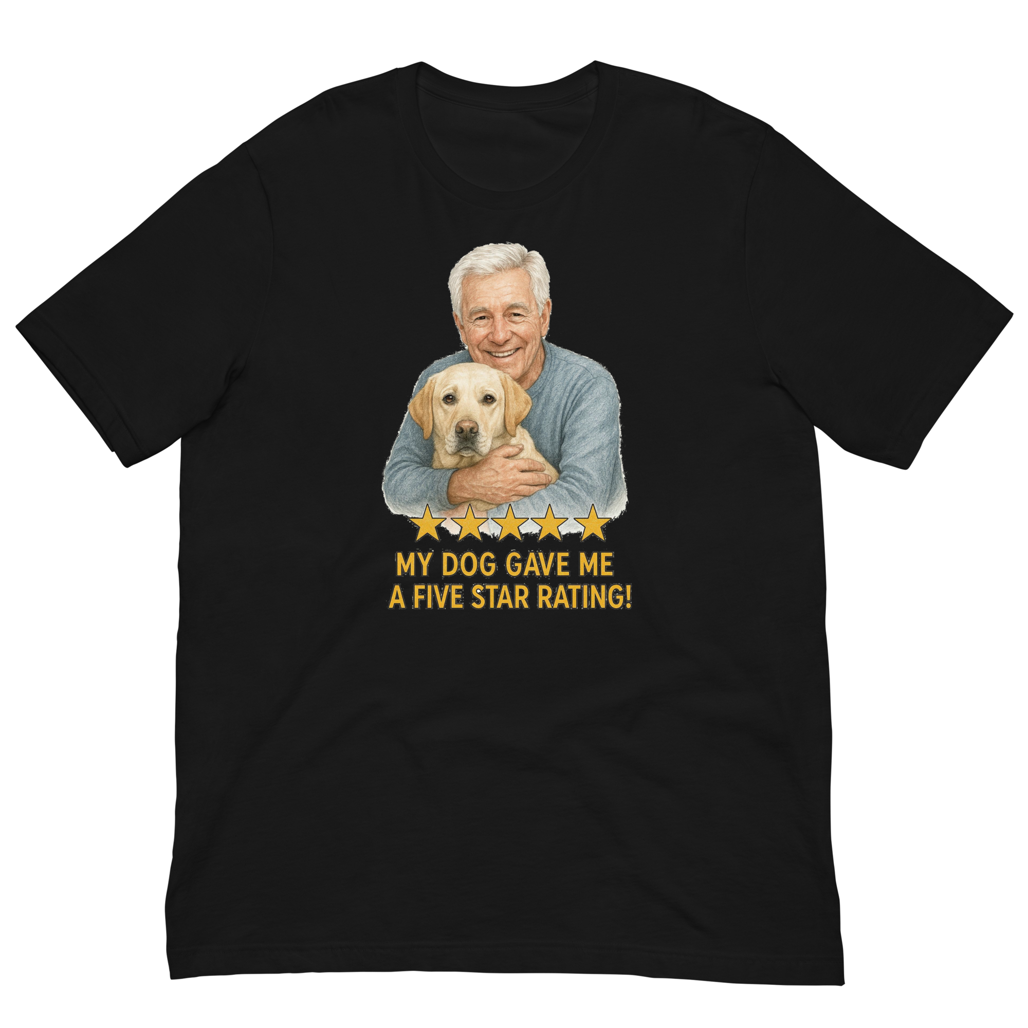 White Hair Man with Yellow Labrador graphic tee.
