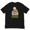 White Hair Man with Yorkie graphic tee.