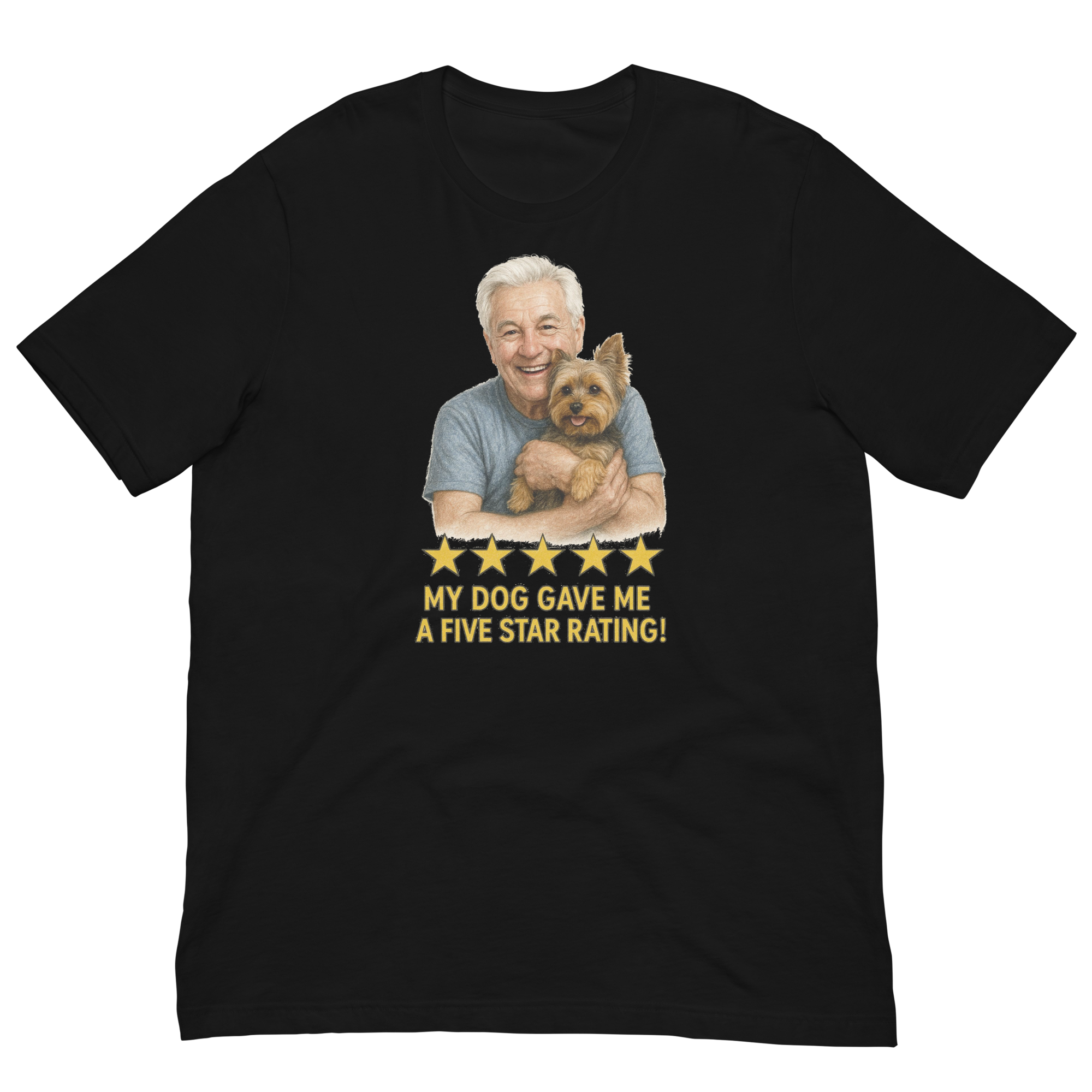 White Hair Man with Yorkie graphic tee.