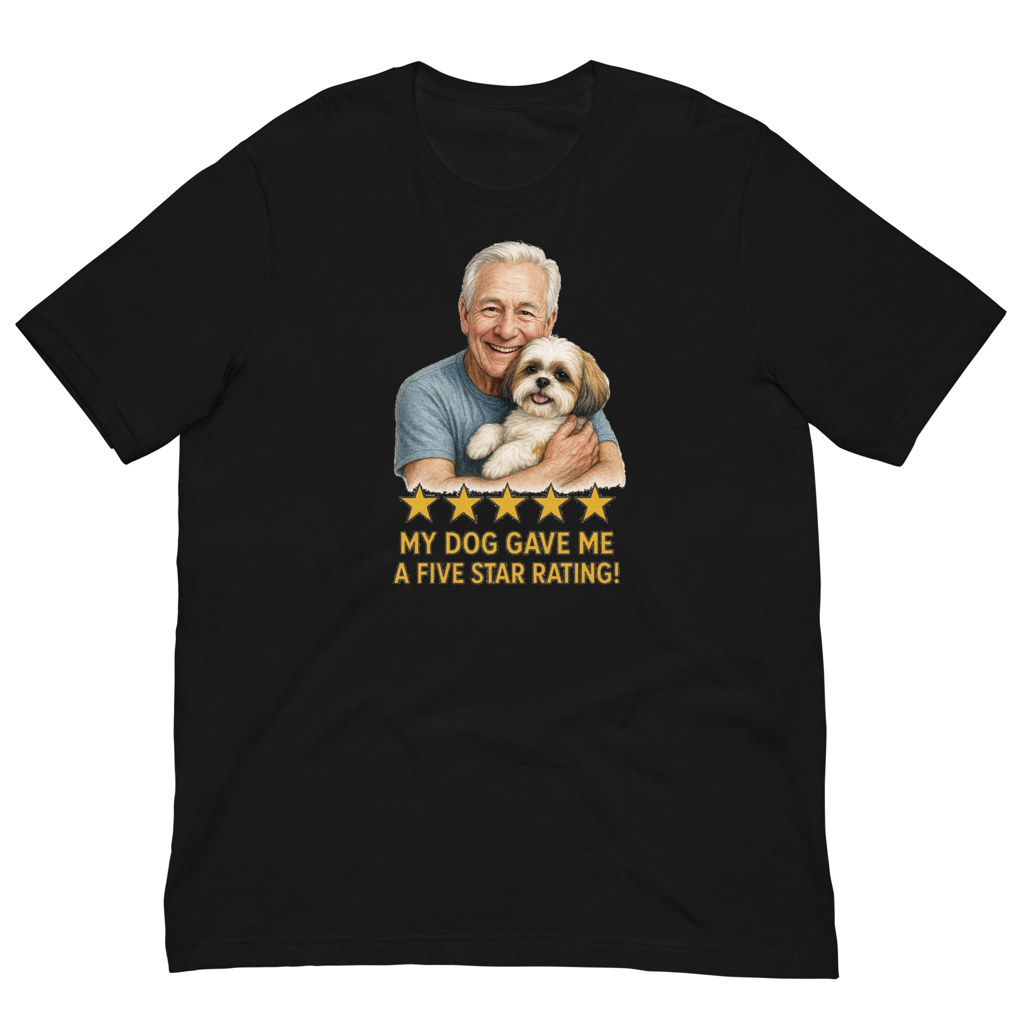 White Hair Man with Shih Tzu graphic tee.