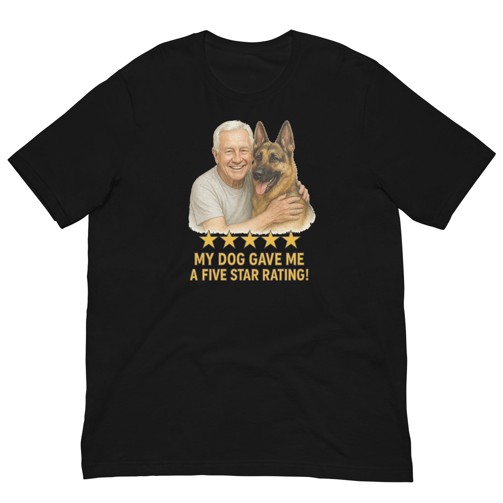 White Hair Man with German Shepherd graphic tee.