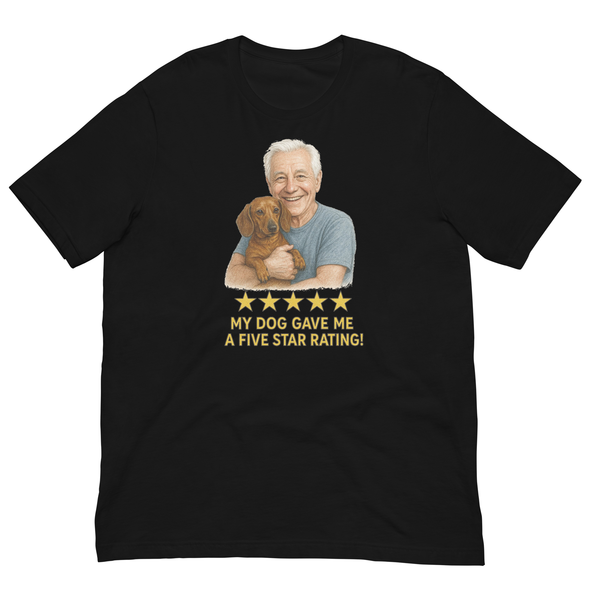 White Hair Man with Dachshund graphic tee.