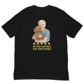 White Hair Man with Brown Poodle graphic tee.