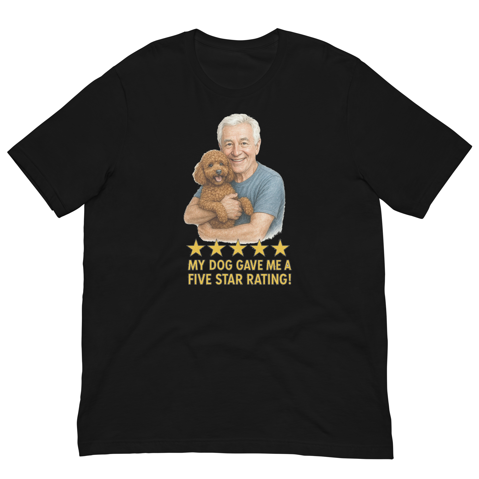 White Hair Man with Brown Poodle graphic tee.