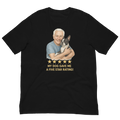 White Hair Man with Boston Terrier graphic tee.