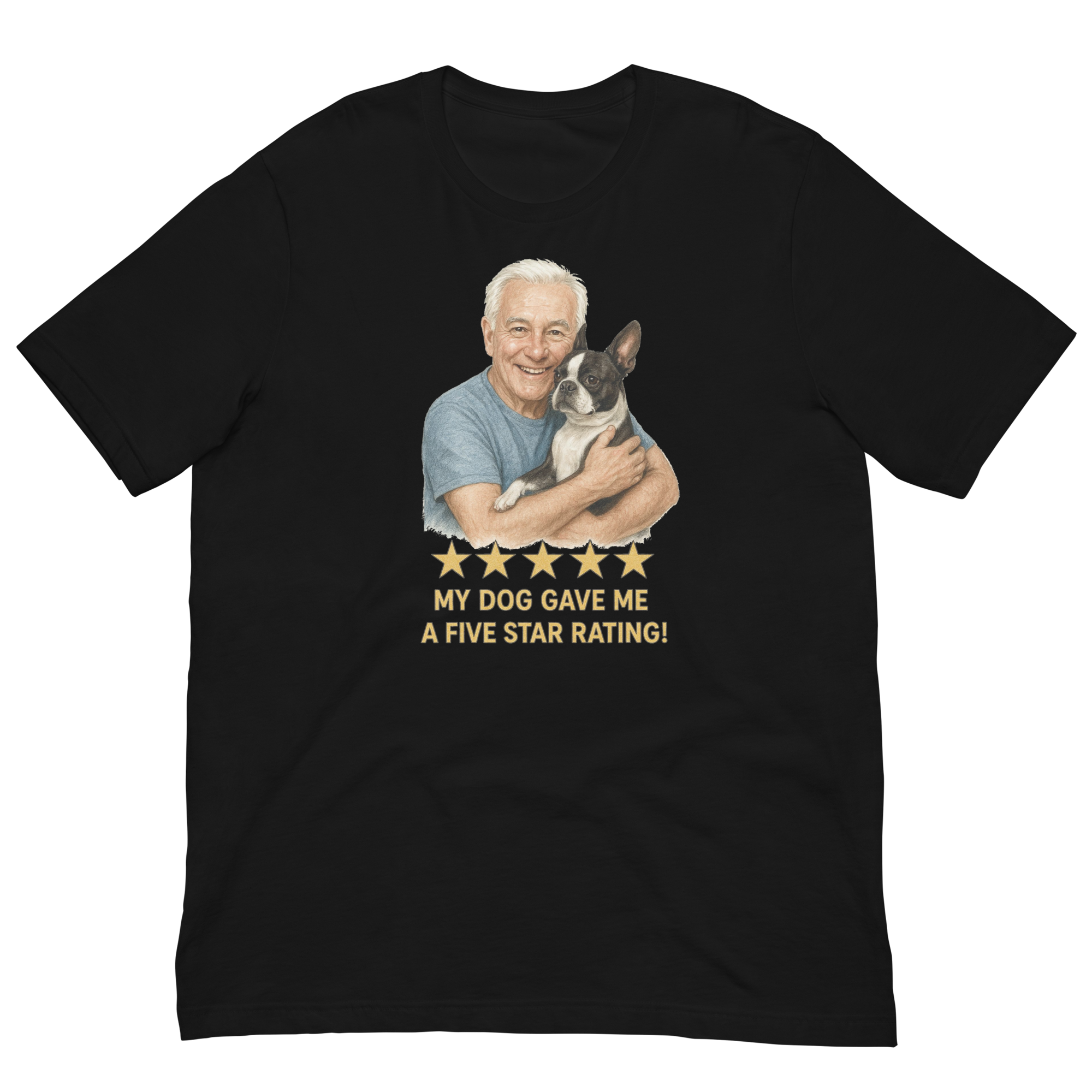 White Hair Man with Boston Terrier graphic tee.