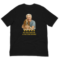 White Hair Man with Basset Hound graphic tee.
