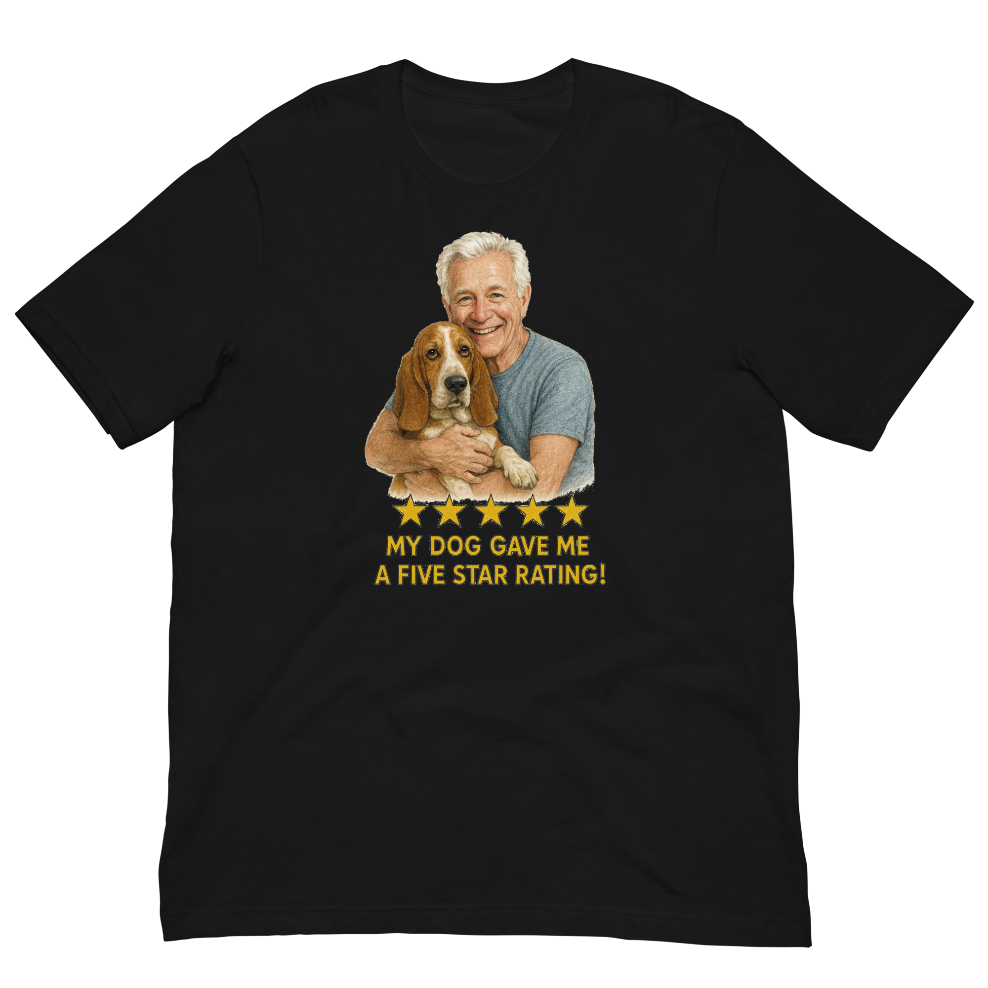 White Hair Man with Basset Hound graphic tee.
