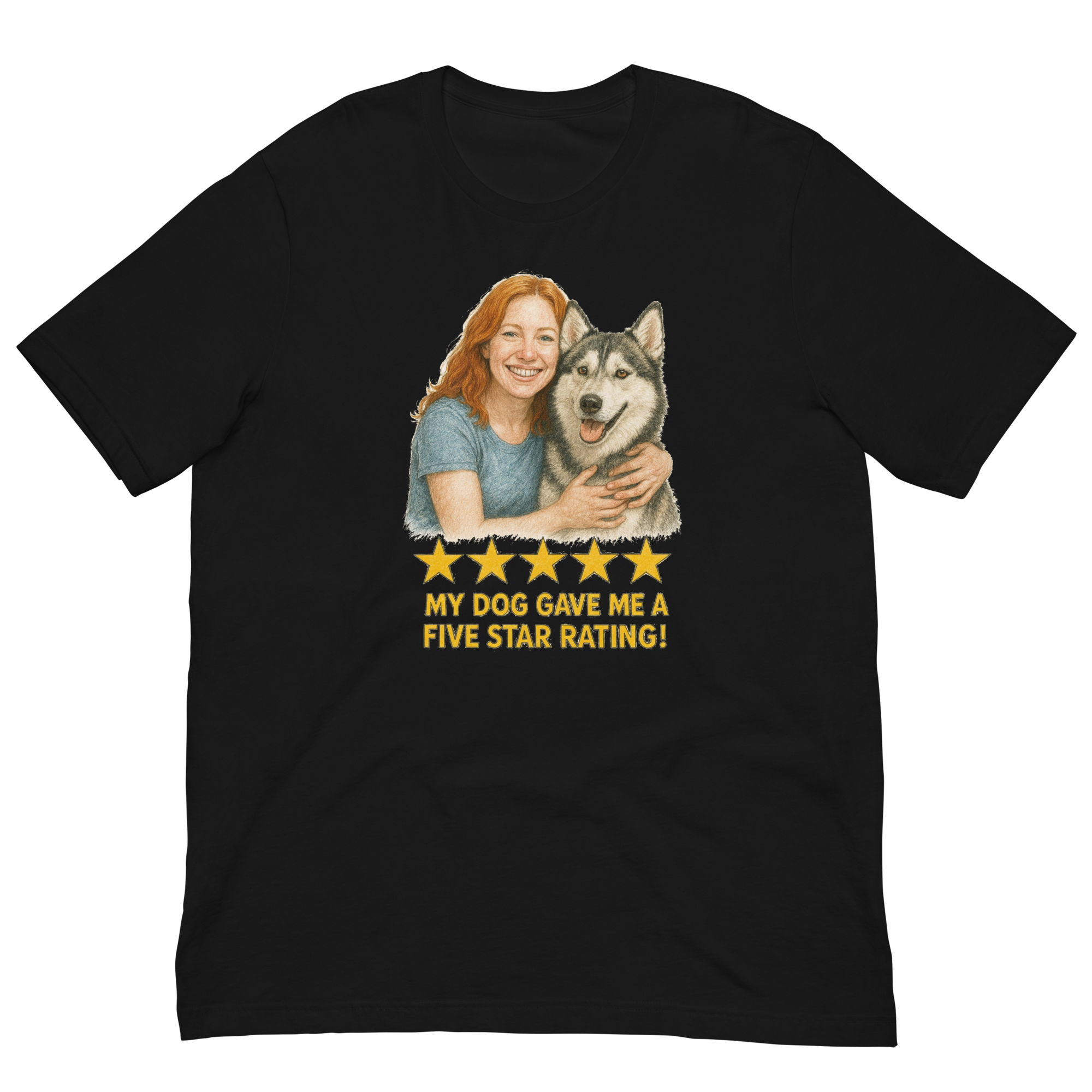 Red Hair Woman with Alaskan Husky graphic tee.