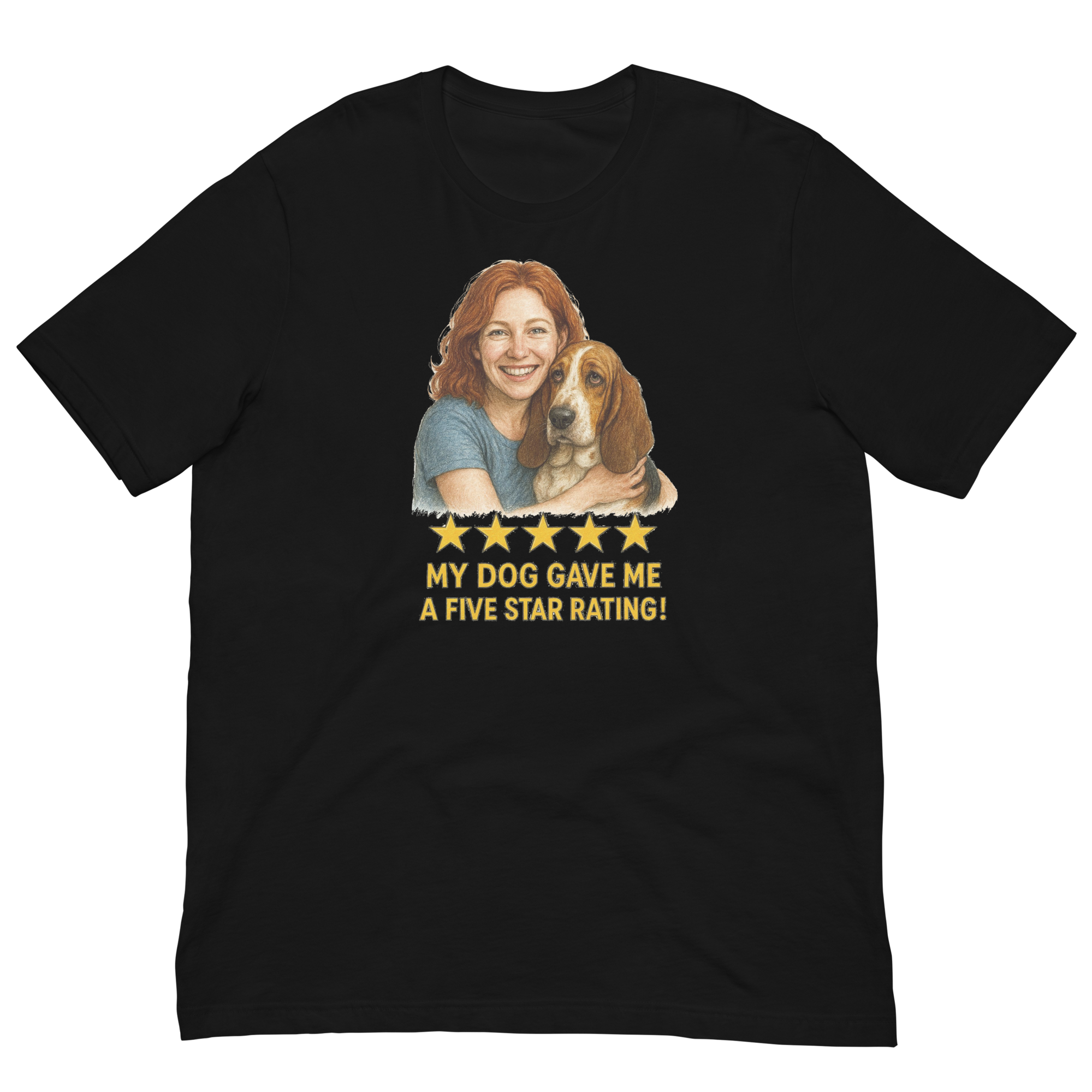 Red Hair Woman with Basset Hound graphic tee.