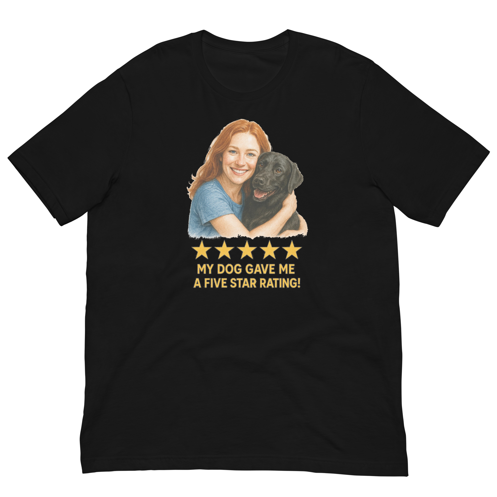 Red Hair Woman with Black Labrador graphic tee.