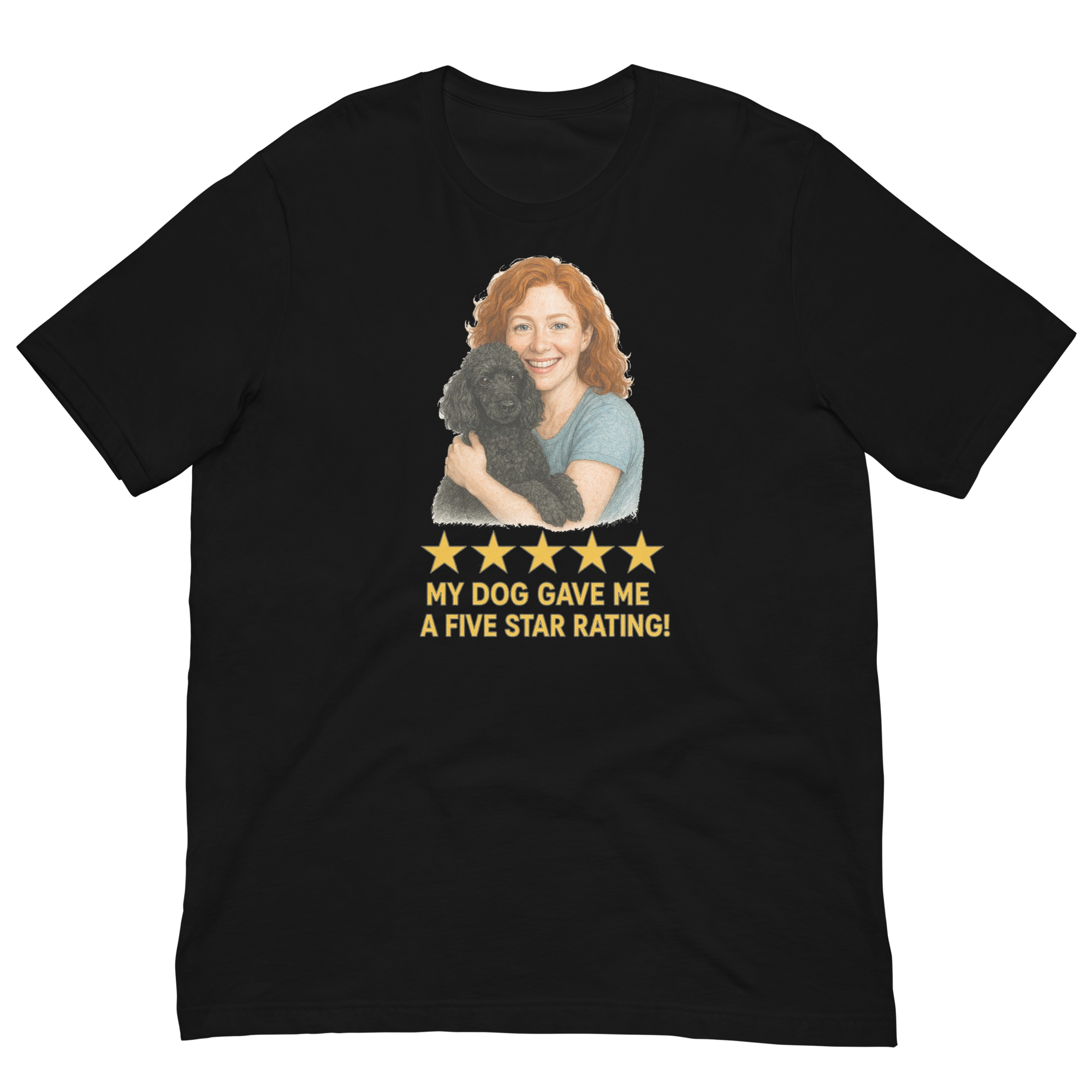 Red Hair Woman with Black Poodle graphic tee.