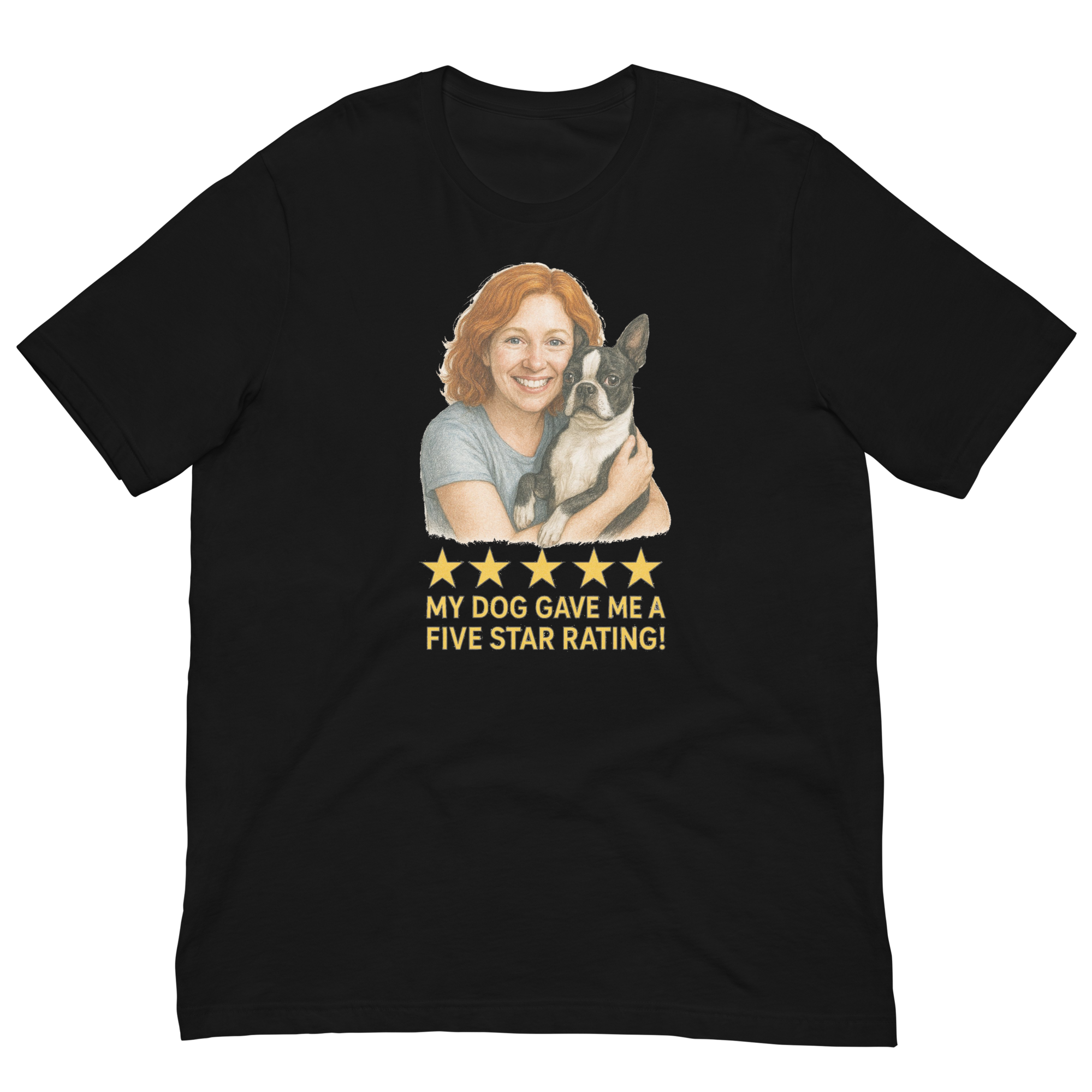 Red Hair Woman with Boston Terrier graphic tee.