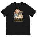 Red Hair Woman with Boxer graphic tee.