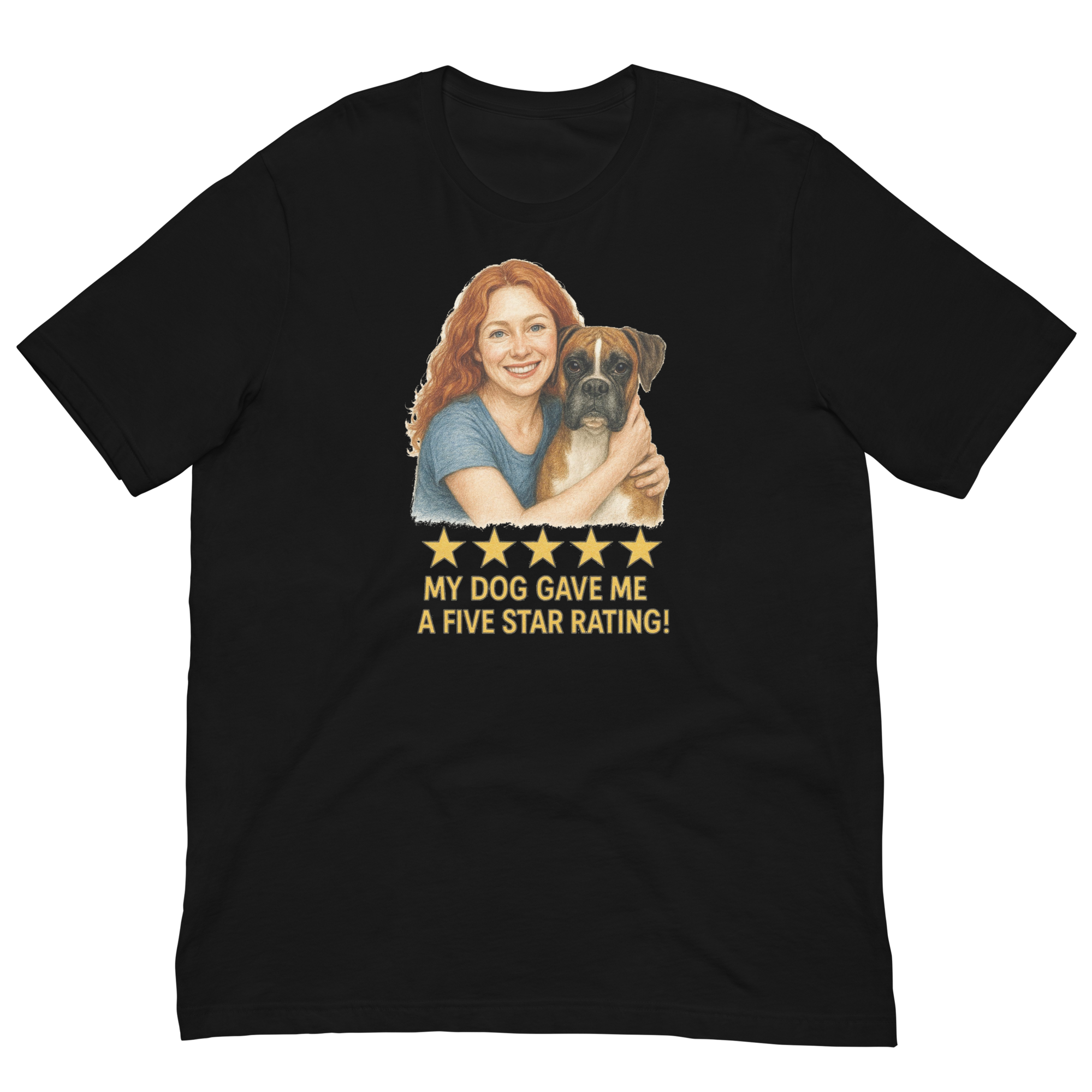 Red Hair Woman with Boxer graphic tee.