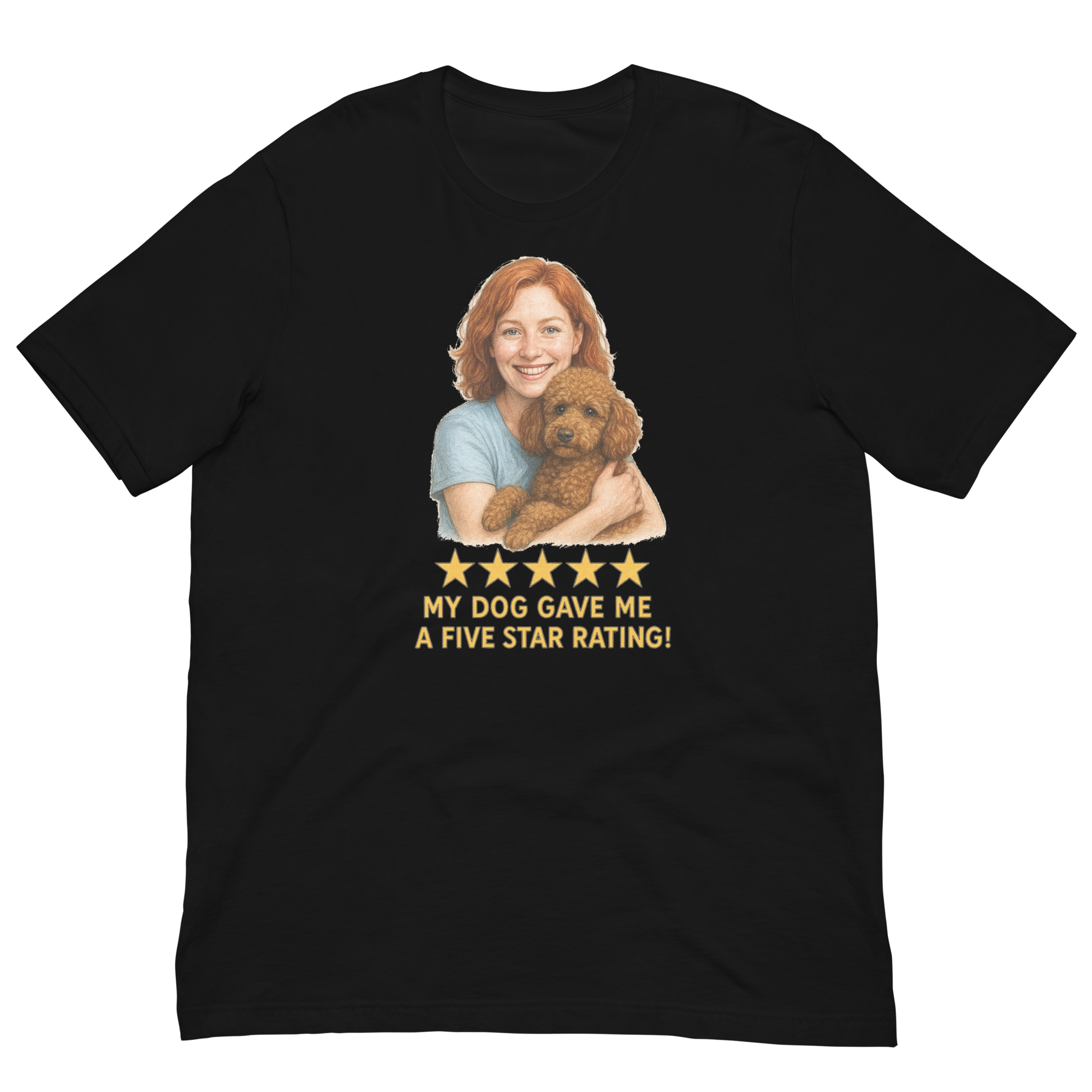 Red Hair Woman with Brown Poodle graphic tee.