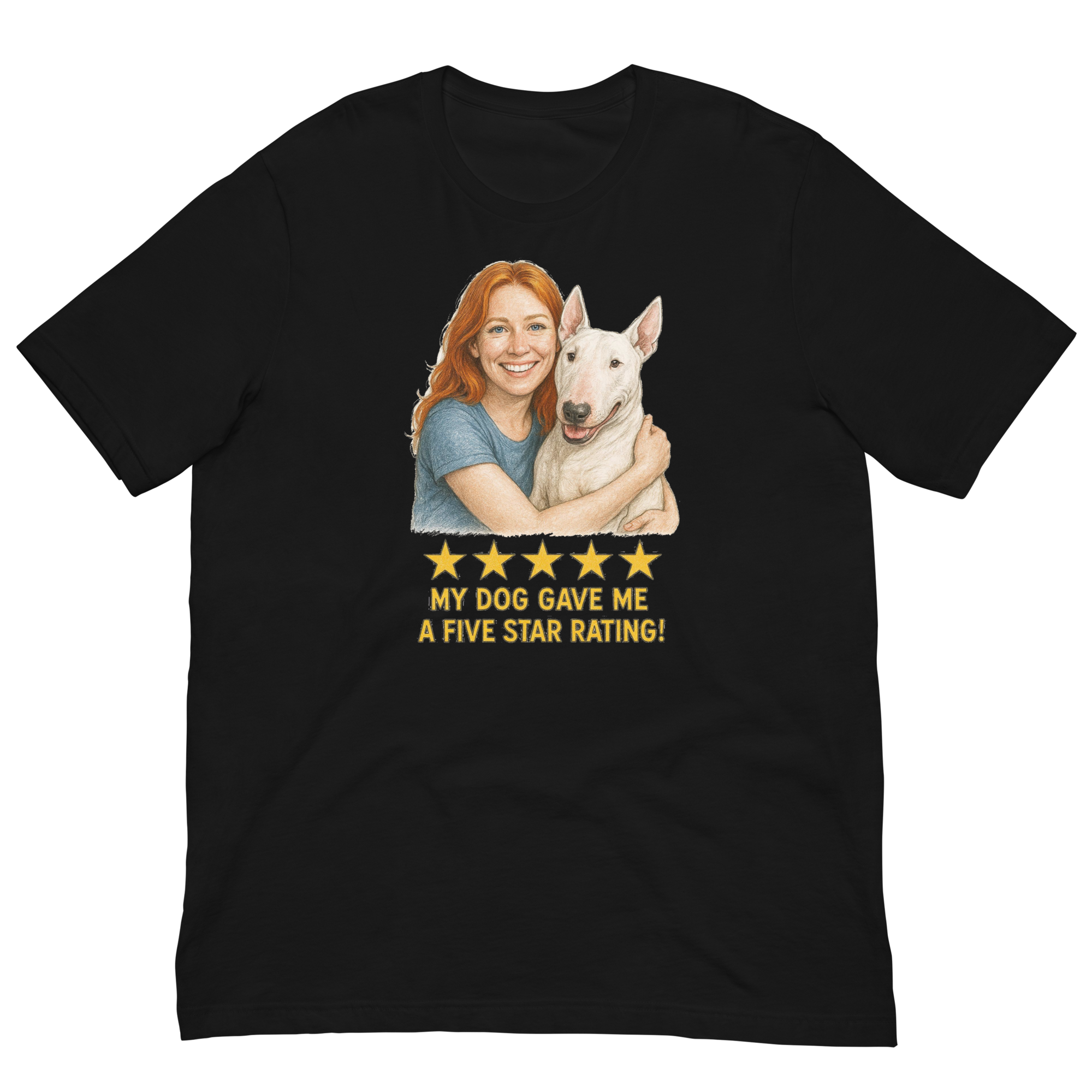 Red Hair Woman with Bull Terrier graphic tee.