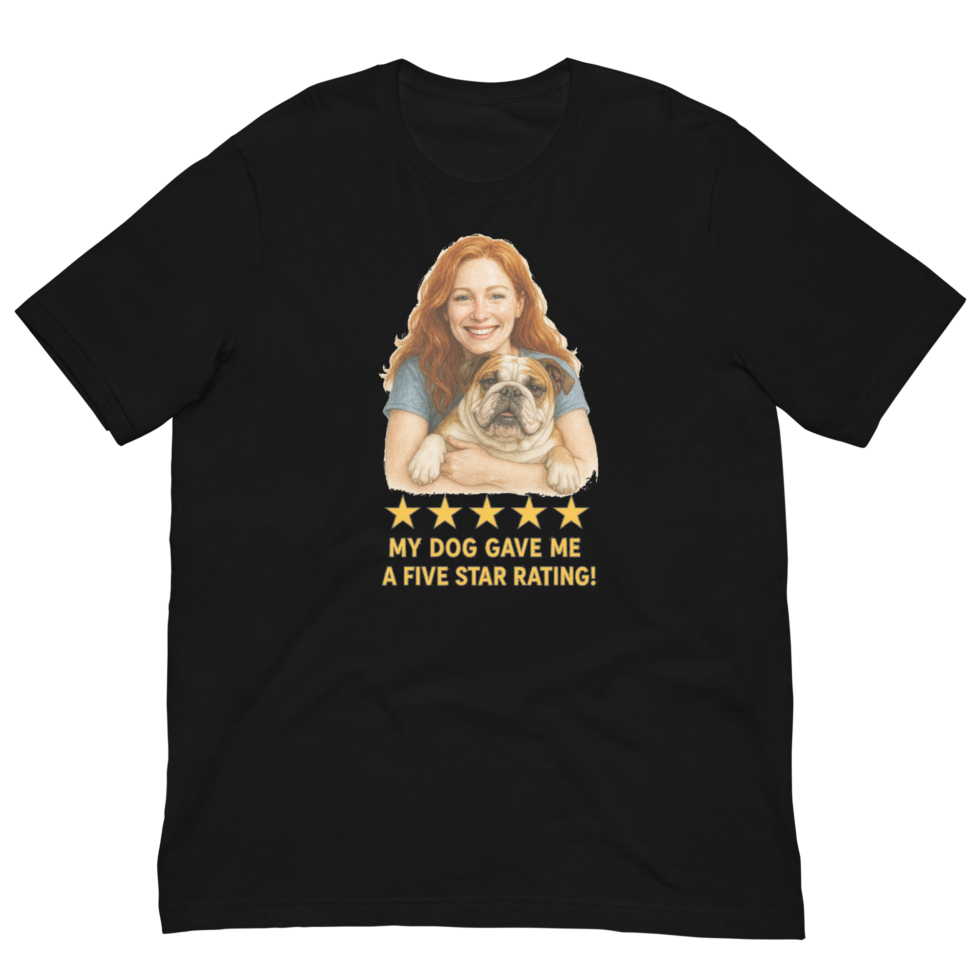 Red Hair Woman with Bulldog graphic tee.