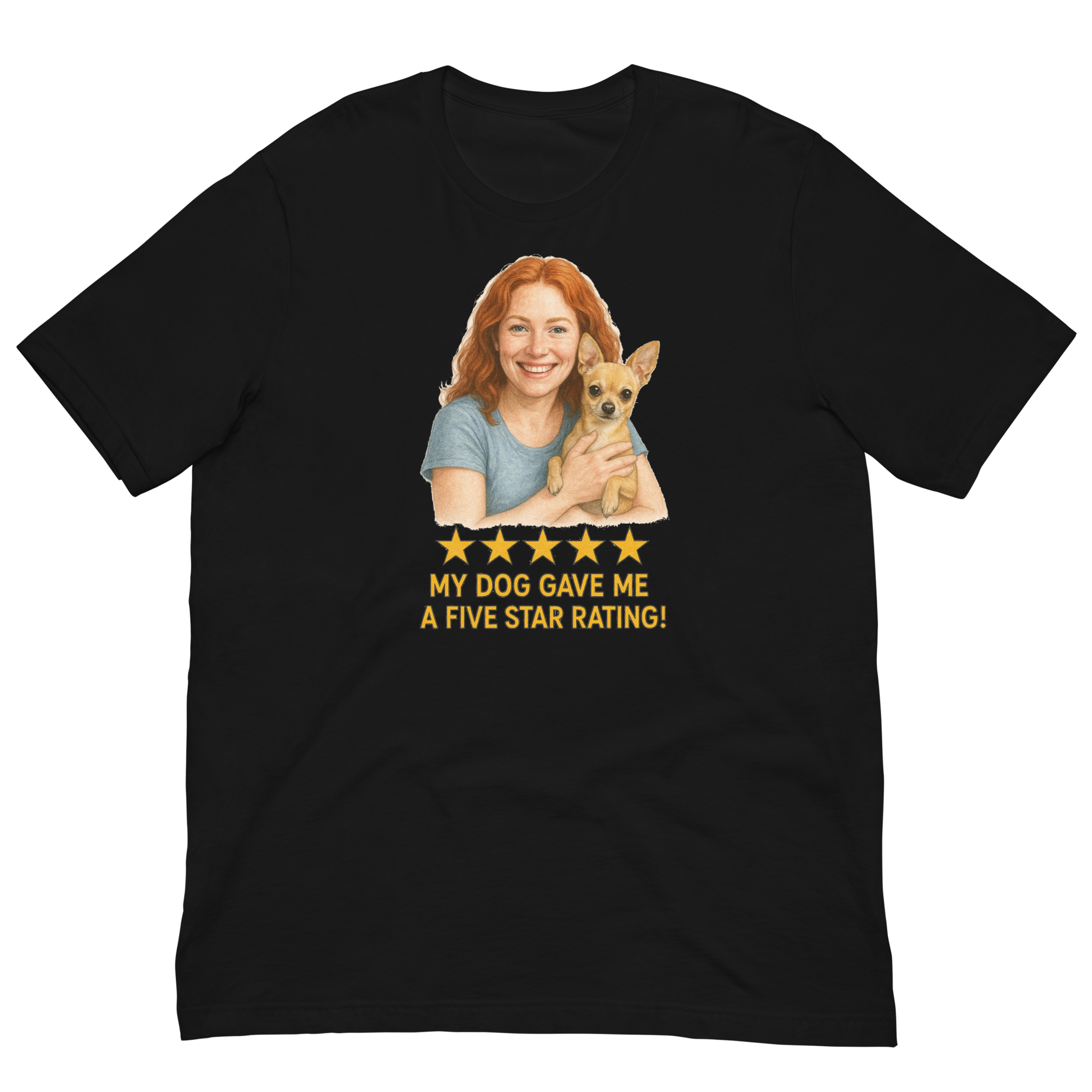Red Hair Woman with Chihuahua graphic tee.