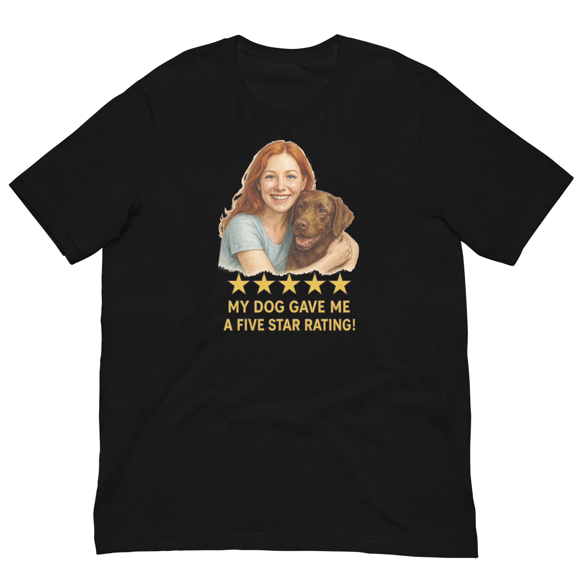 Red Hair Woman with Cocker Spaniel graphic tee.