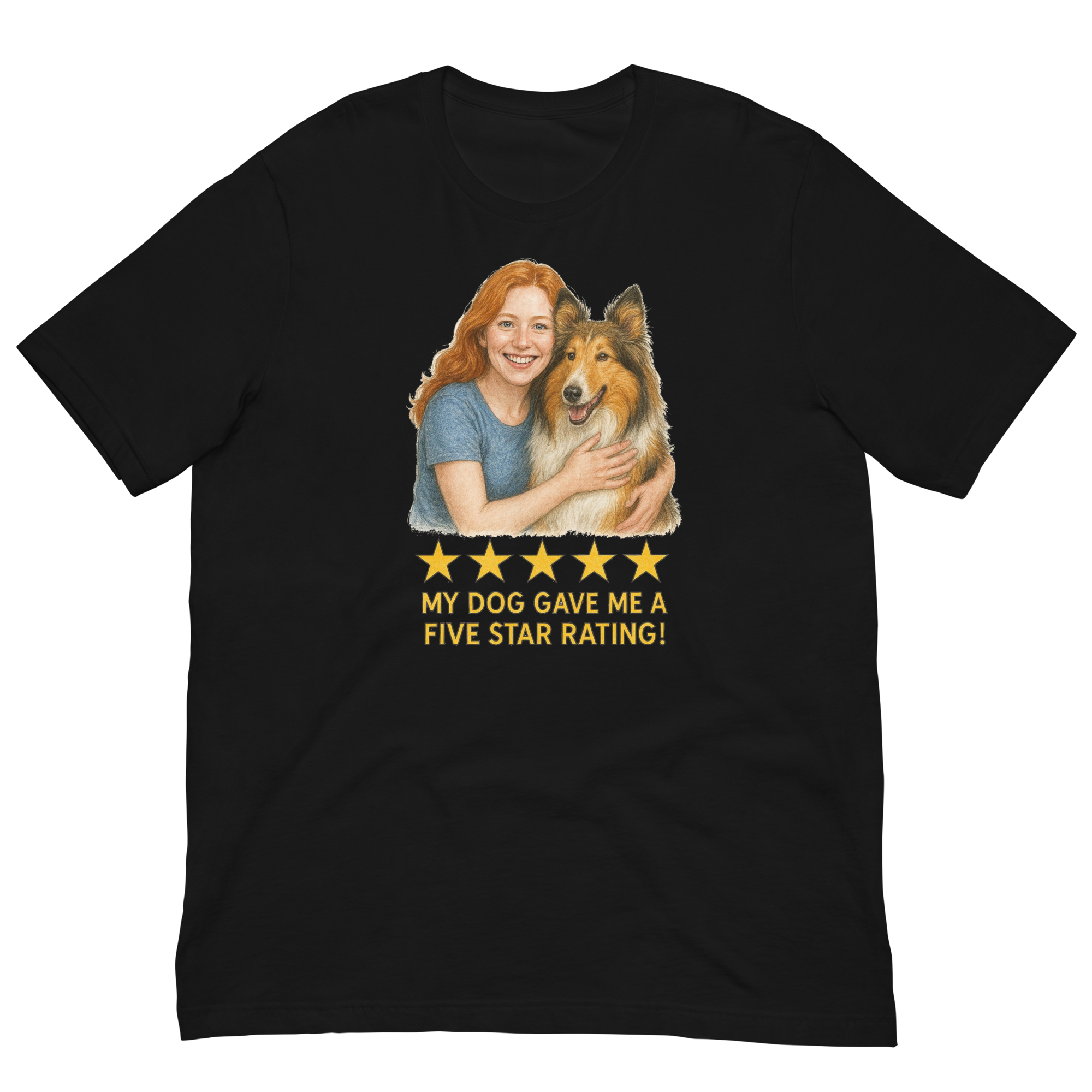 Red Hair Woman with Collie graphic tee.
