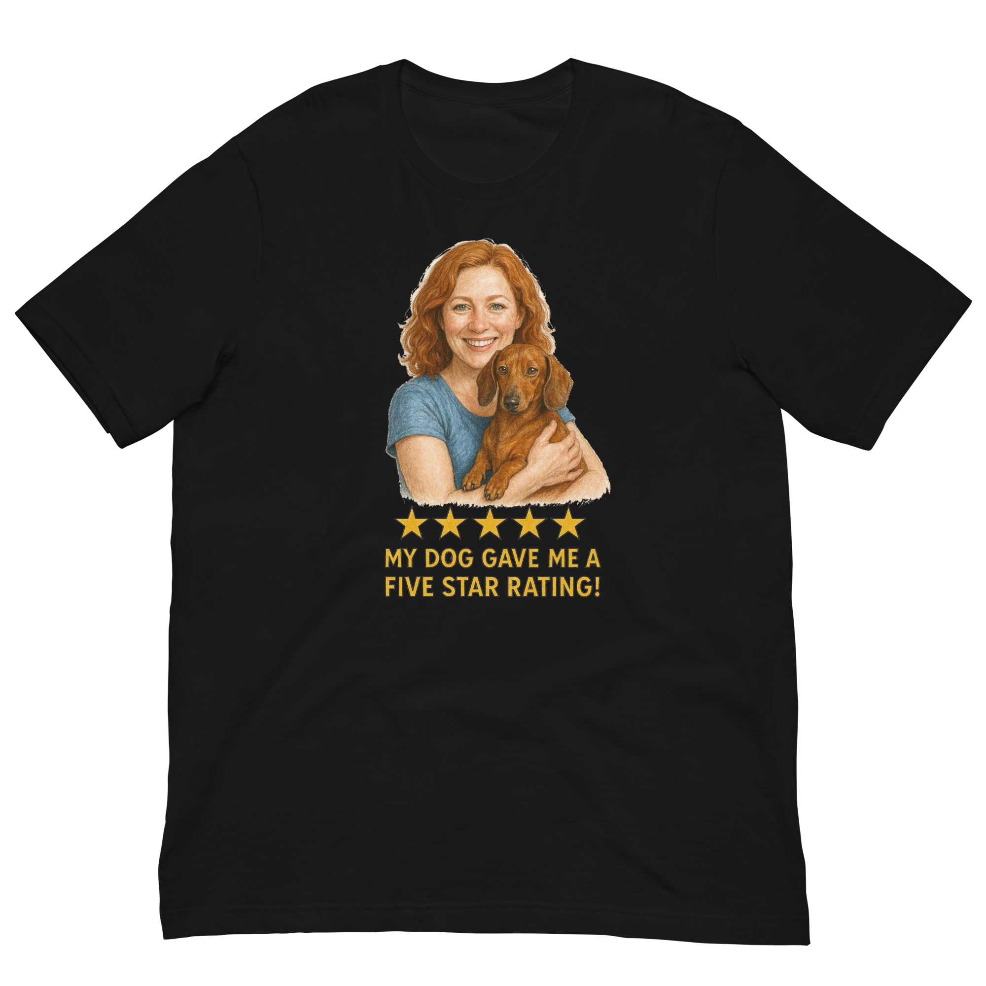 Red Hair Woman with Dachshund graphic tee.