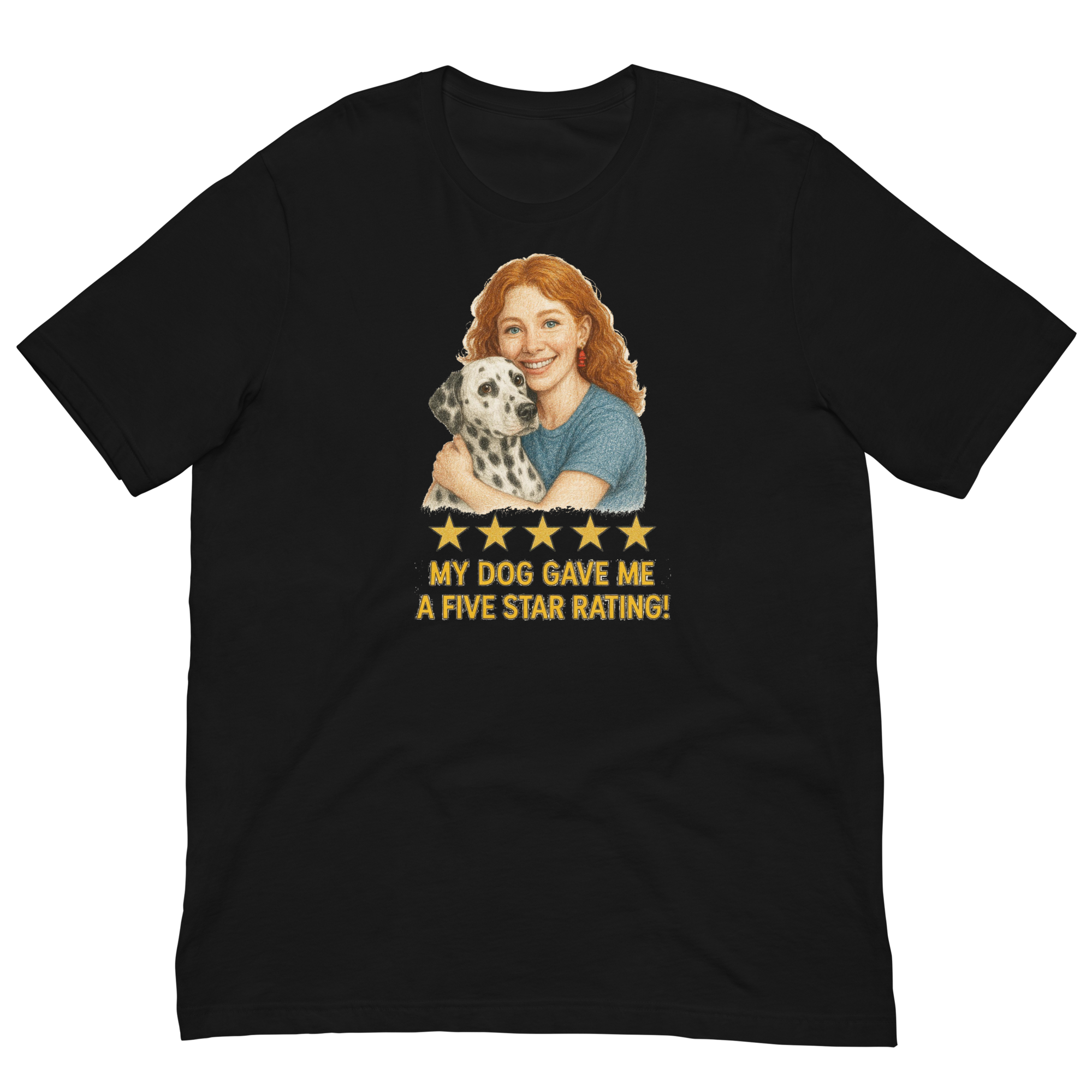 Red Hair Woman with Dalmatian graphic tee.