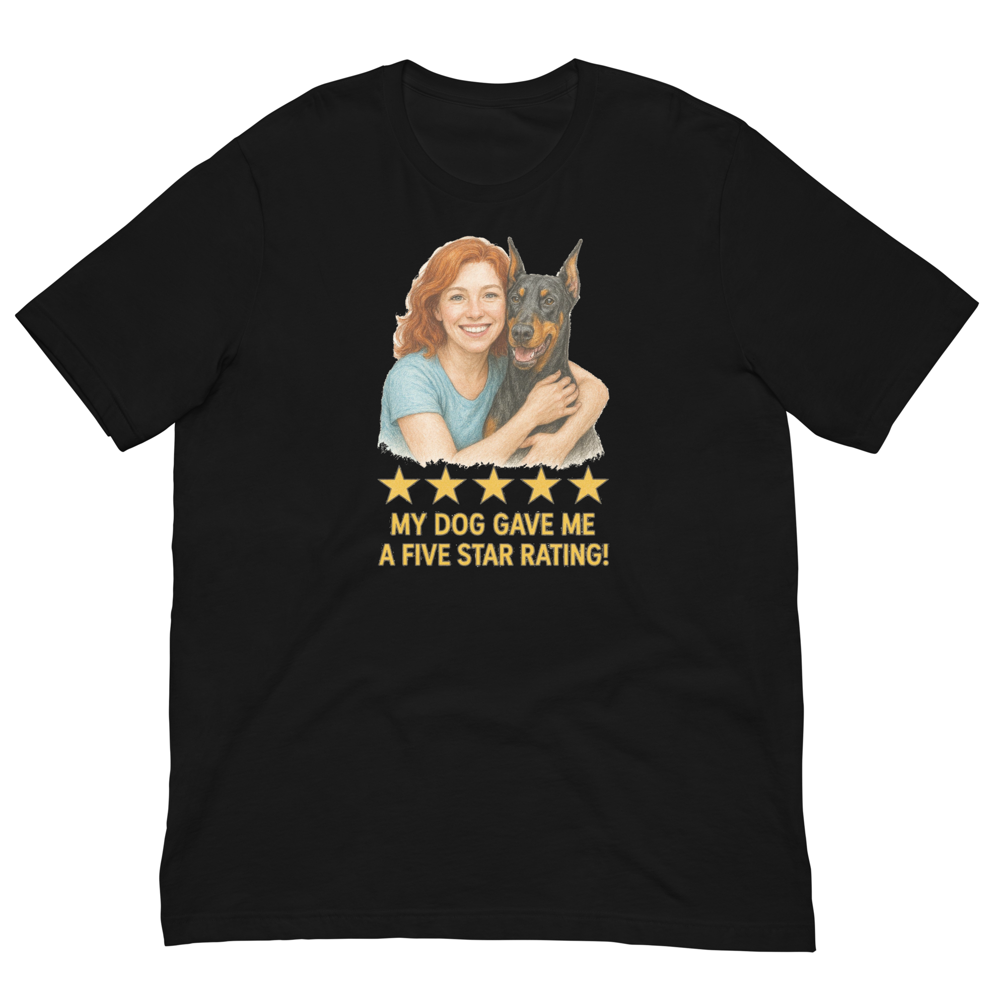 Red Hair Woman with Doberman Pinscher graphic tee.