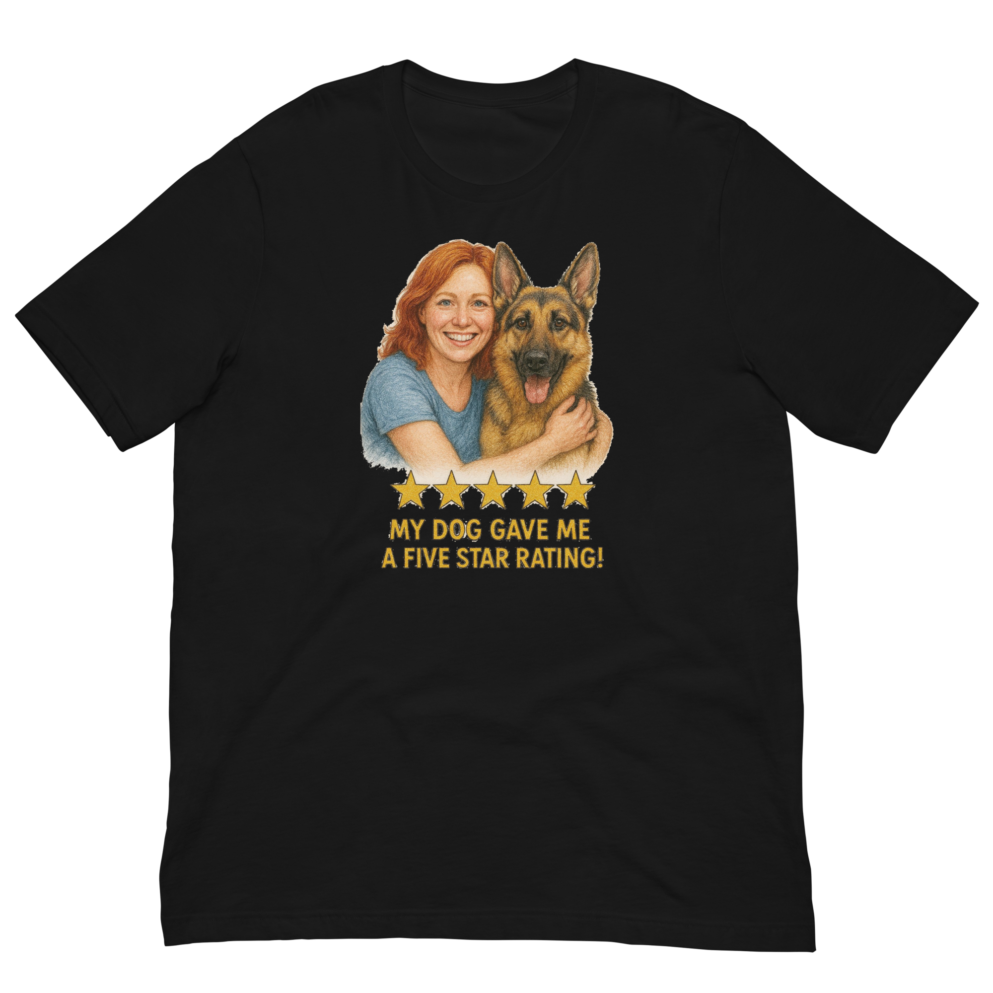 Red Hair Woman with German Shepherd graphic tee.