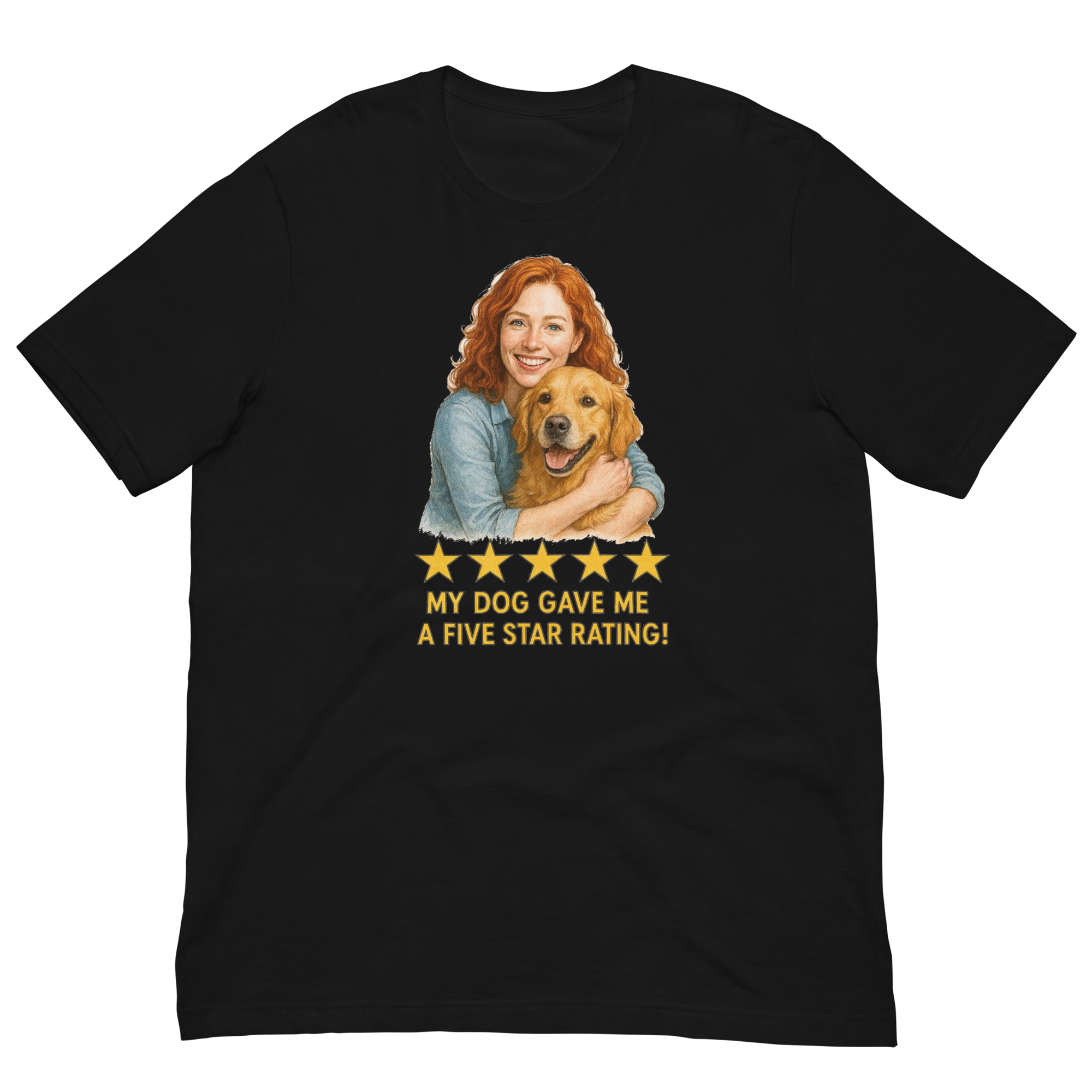 Red Hair Woman with Golden Retriever graphic tee.